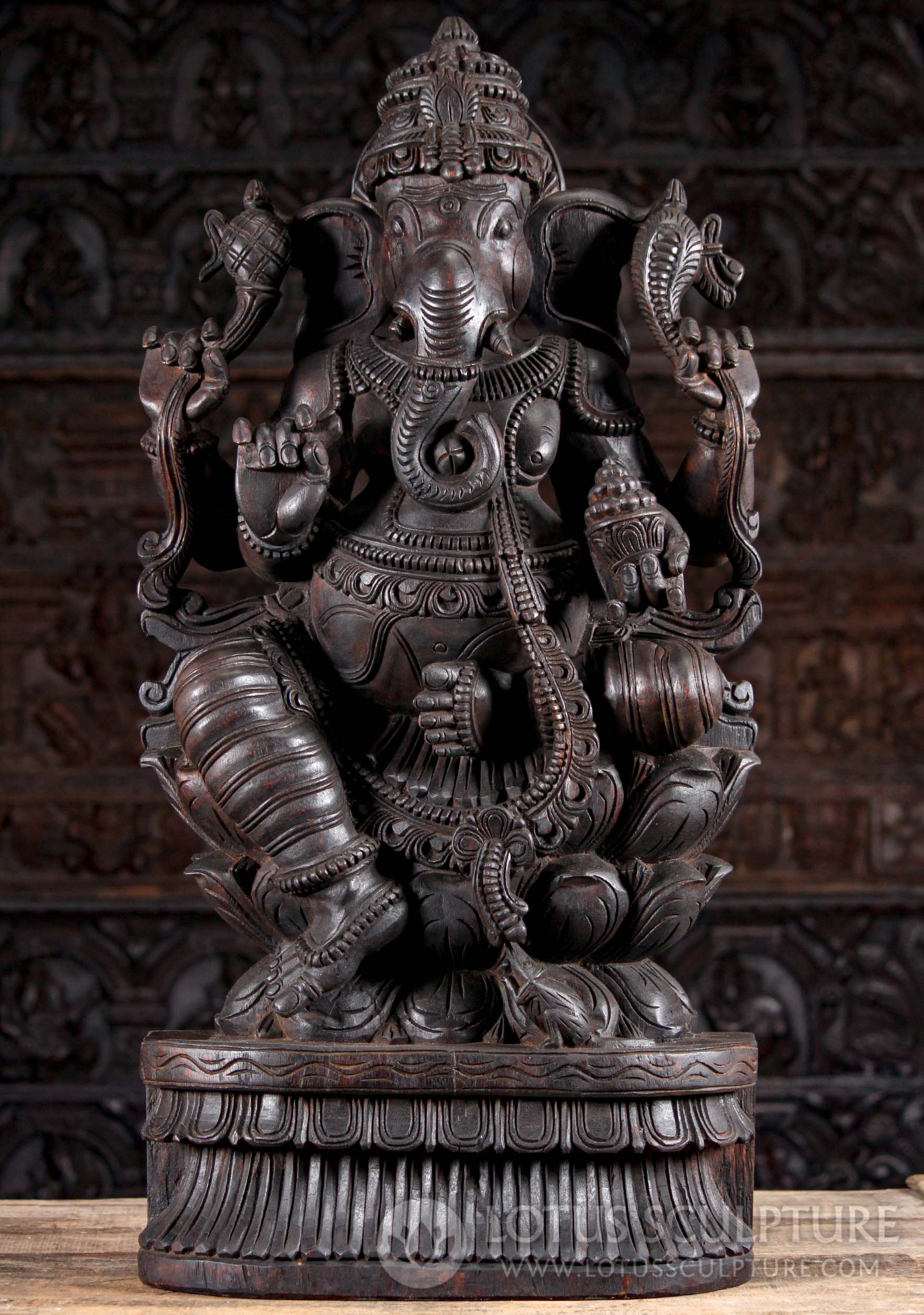 Ganesha Seated on Triple Lotus Base with Mooshika Dark Wooden Hindu God Sculpture 36"