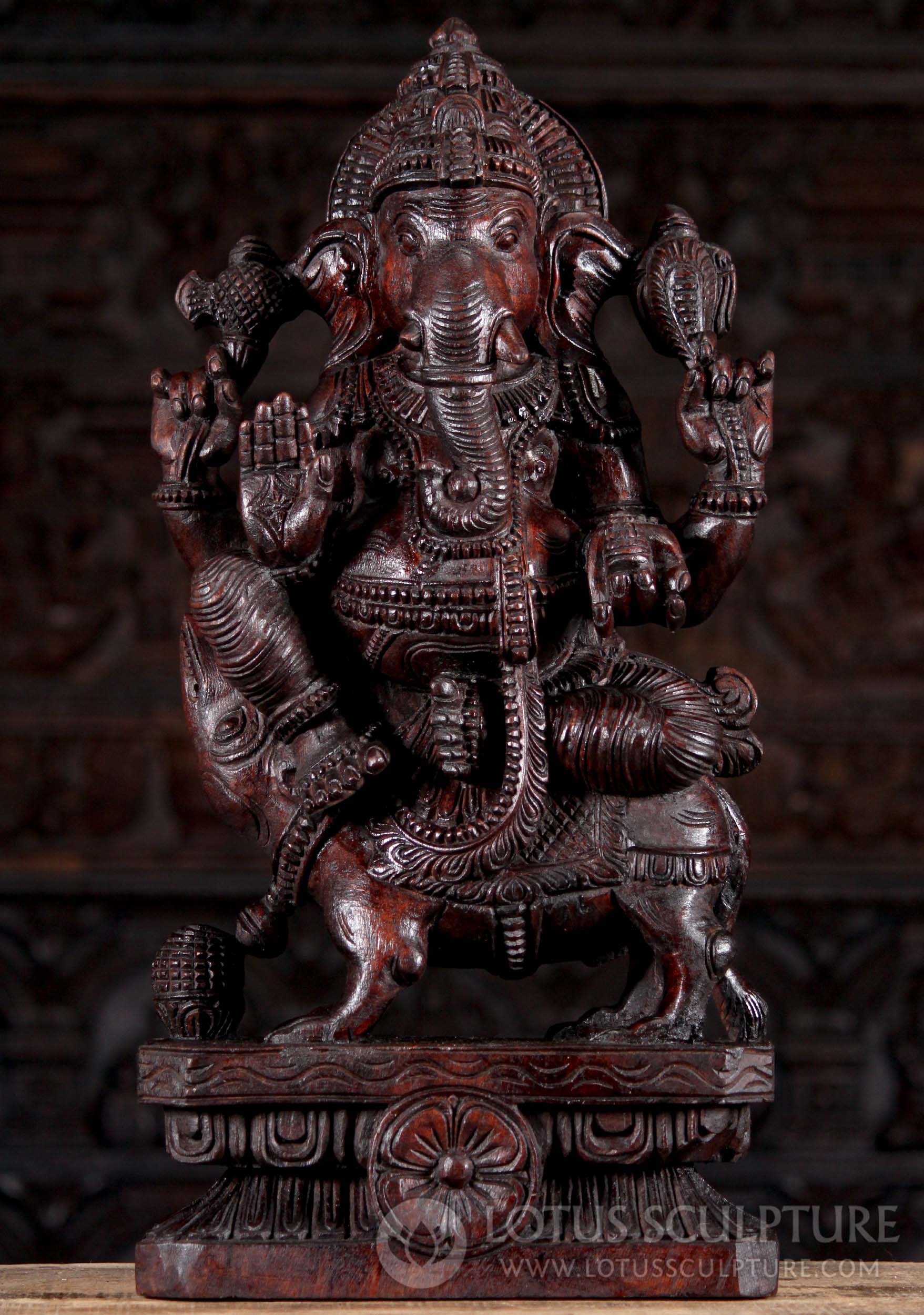 Dark Neem Wooden Hindu God Ganesh Seated on Rat Abhaya Mudra Statue 24"