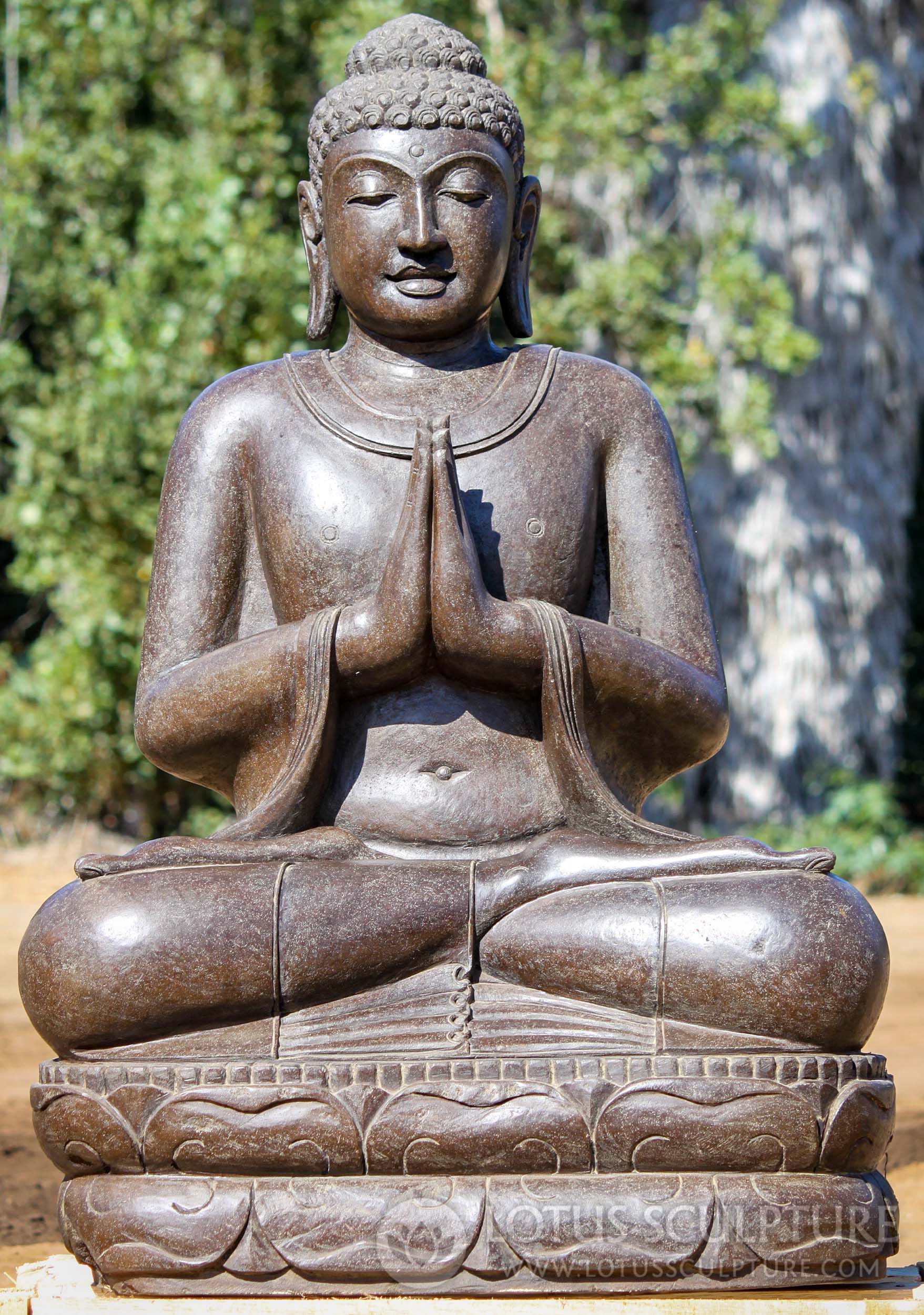 SOLD Stone Anjali Namaste Mudra Full Lotus Garden Buddha Statue 44 ...