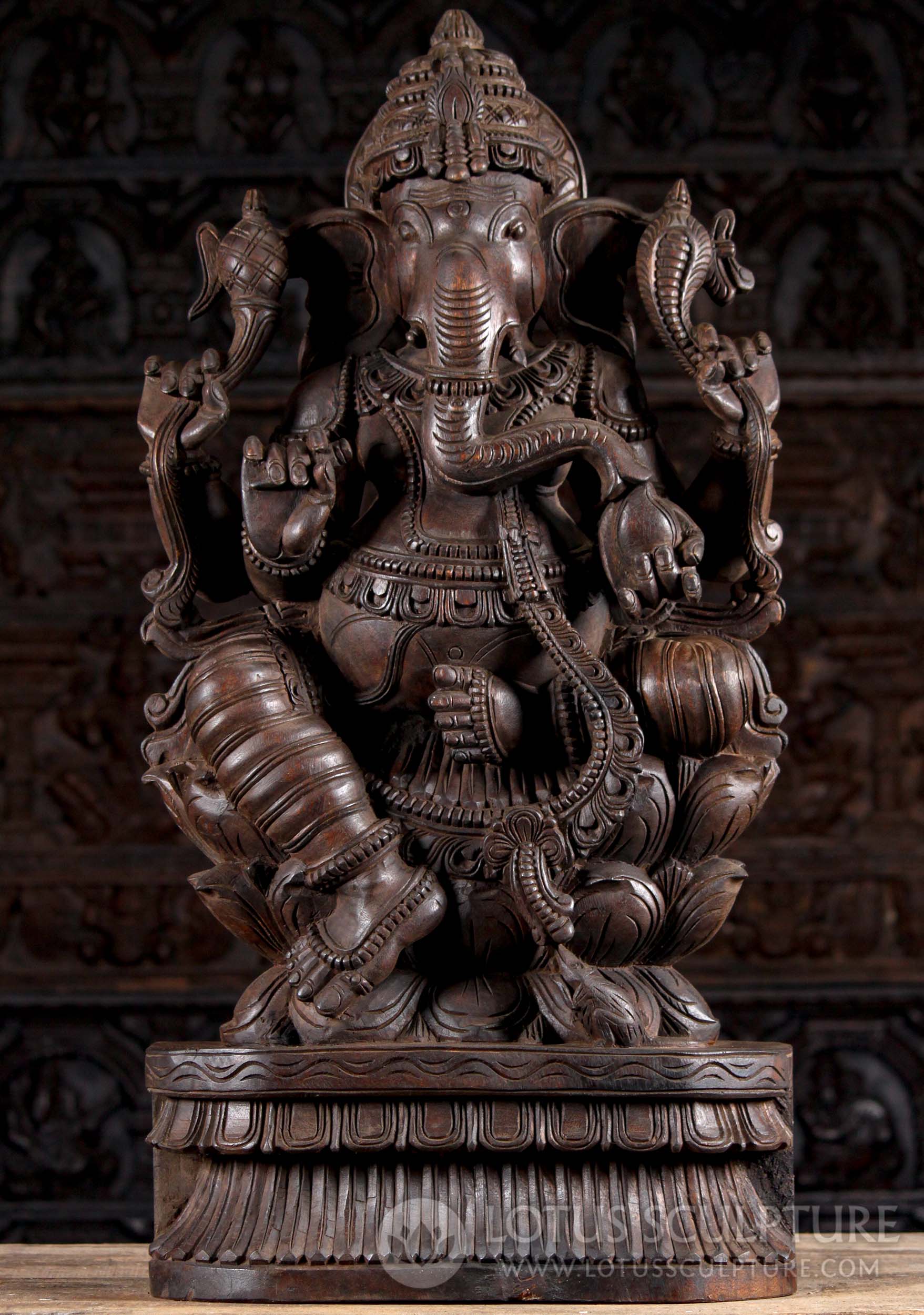 Wooden Seated Hand Carved Hindu God Remover of Obstacles Ganesh Perfect for Home Altar 36"