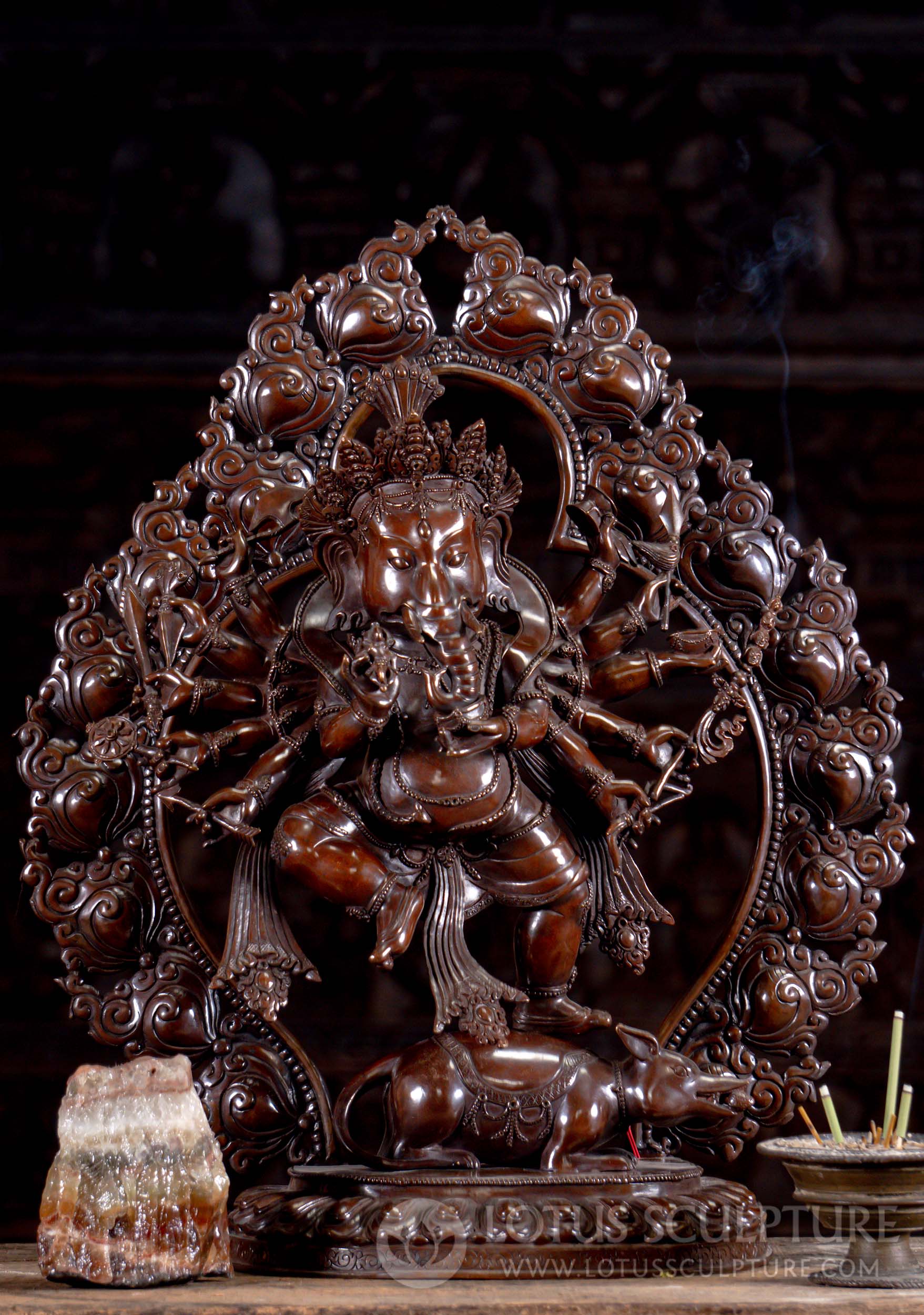 Cooper Nepalese Ganesha Statue Dancing on Vahana Mooshika with Beautiful Arch and 12 Arms 19"