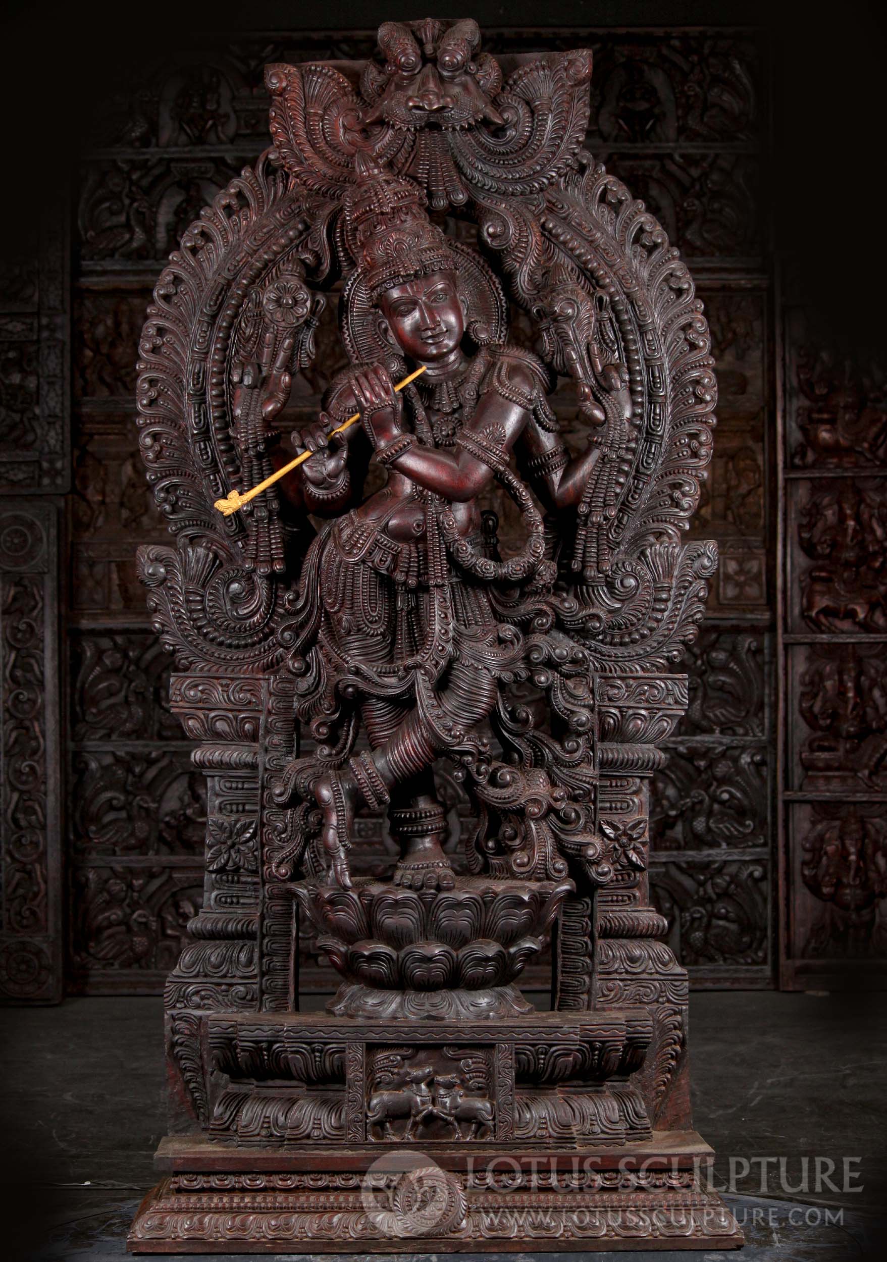 Wooden Hoysala Style Gopal Krishna Statue Playing Flute with Mahakala Arch 75"