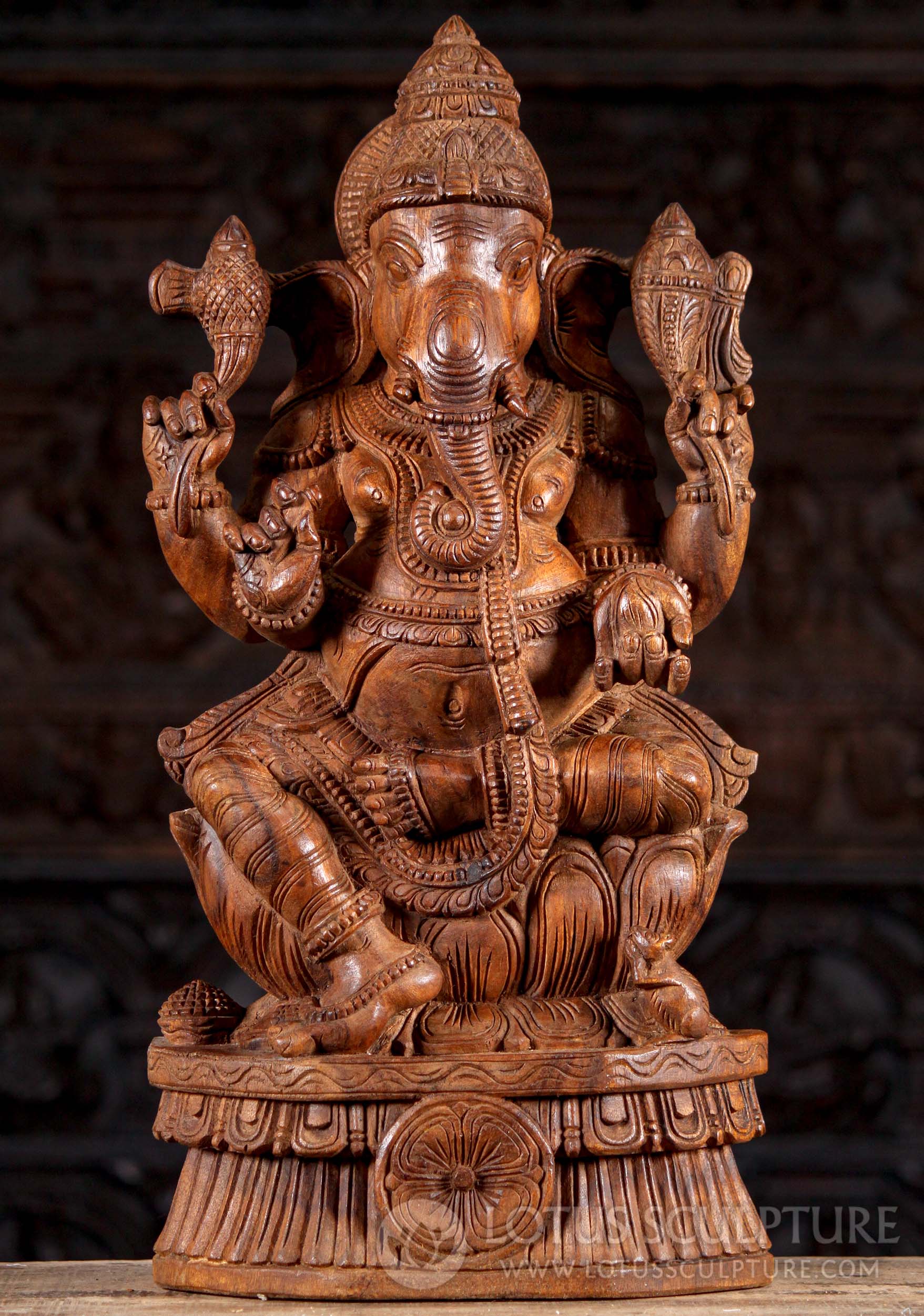 Neem Wood Seated Hand Carved Ganesha Sculpture with Rat Holding Broken Tusk 24"