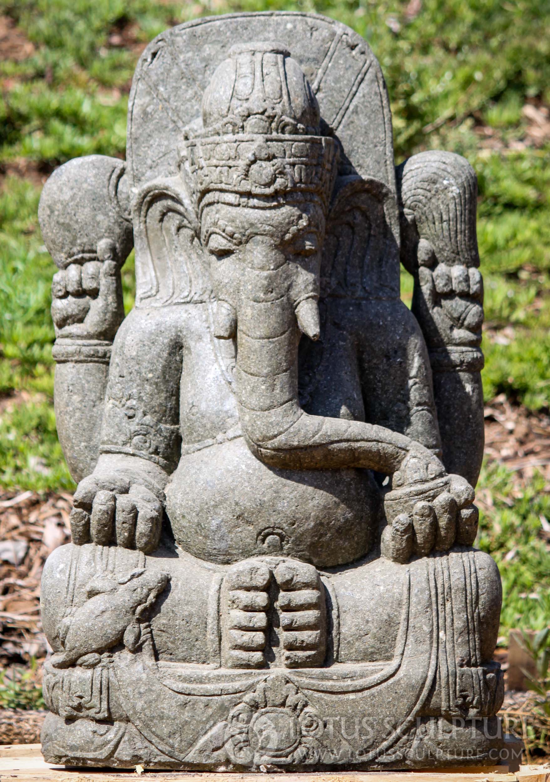 Hand Carved Stone Seated Ganesh With Trunk in Hand Garden Statue 31"