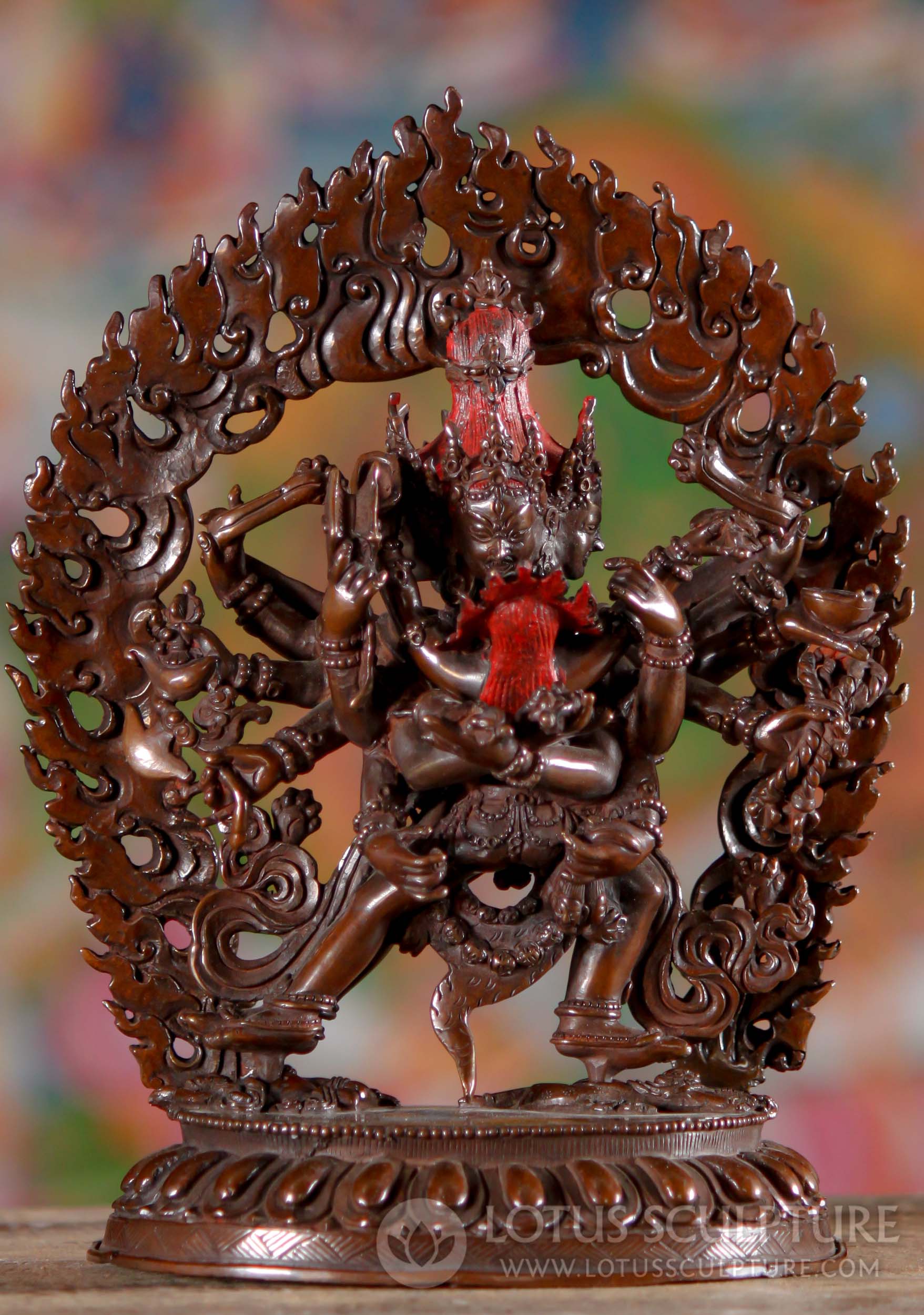 Chakrasamvara Statue with 12 Arms Embracing Consort Vajrayogini Amidst Arch of Flames 9"