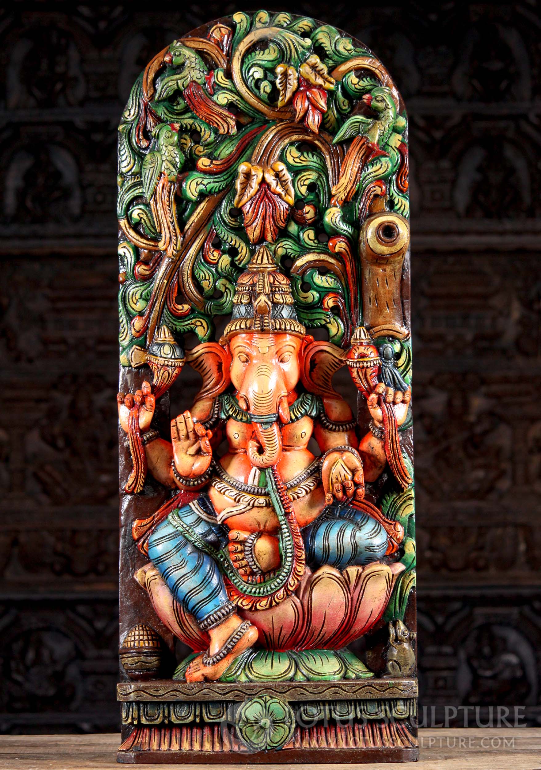 Painted Wood Seated Hindu God Ganesh Sculpture Under Lush Canopy with Parrots 36"