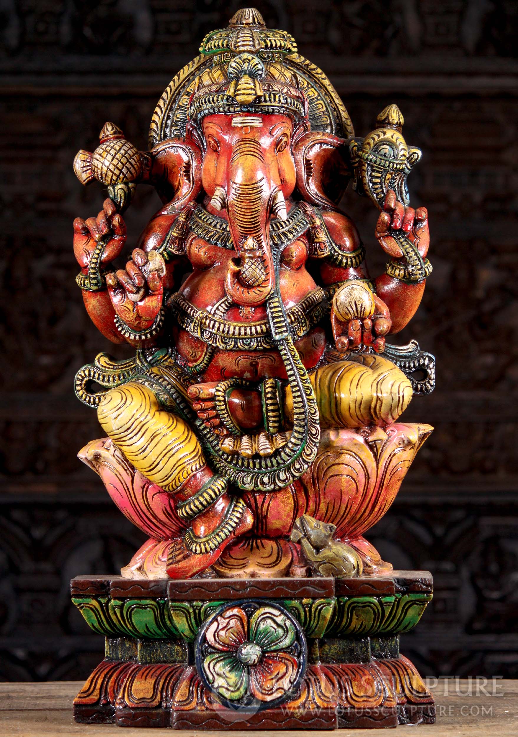 Red Painted Hindu God Ganesha Seated on Triple Lotus Base with Mooshika Sculpture 30"