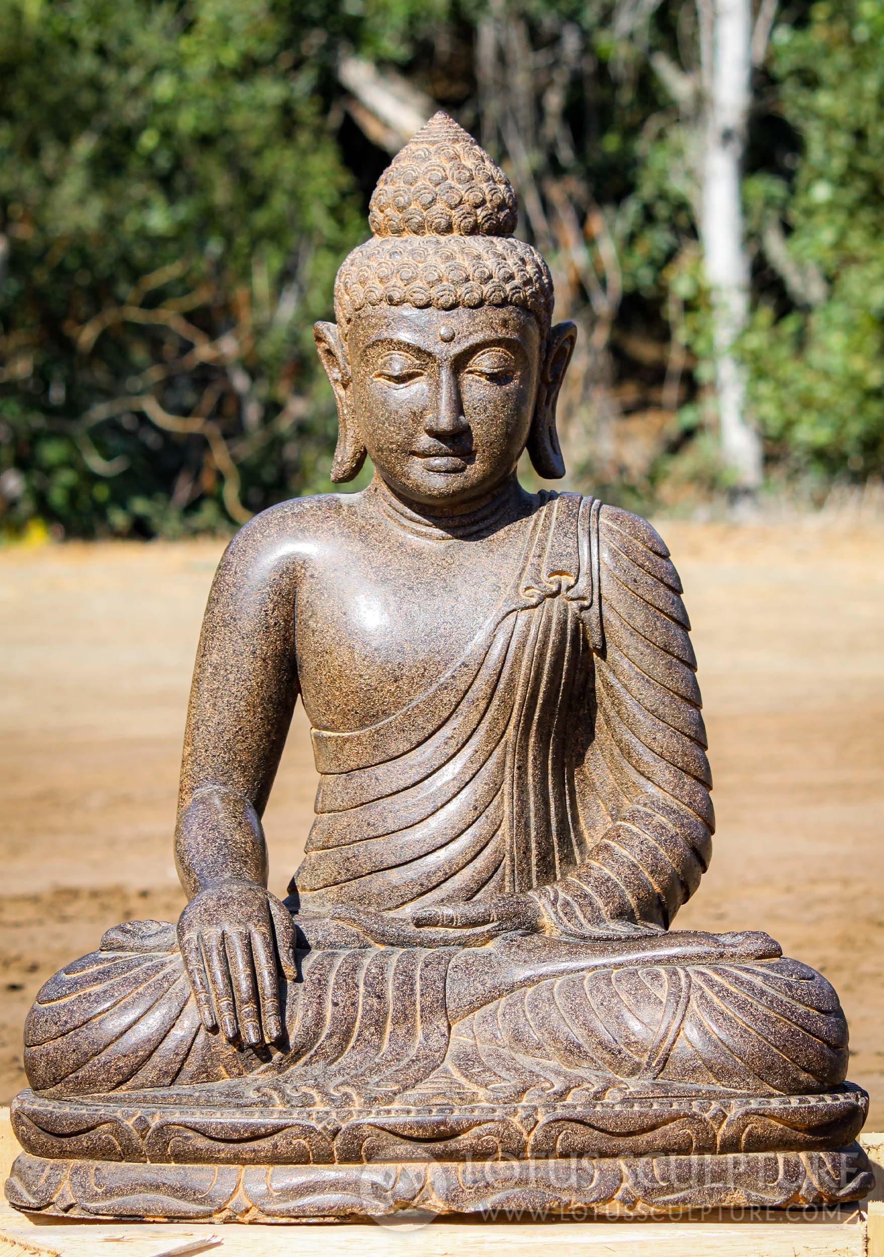 SOLD Lava Stone Hand Carved Saffron Colored Buddha Sculpture Seated in ...