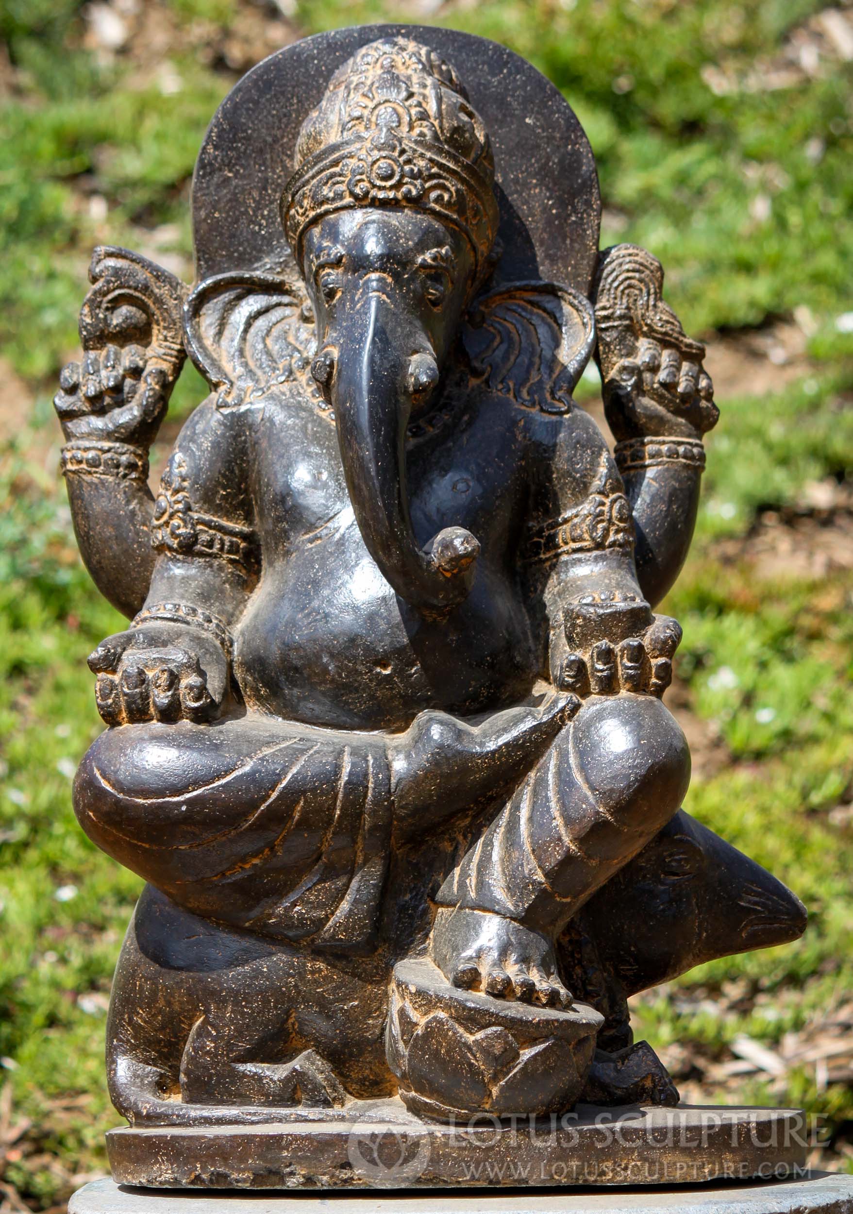 SOLD Saffron Hand Carved Lava Stone Garden Ganesh on Rat with Foot ...