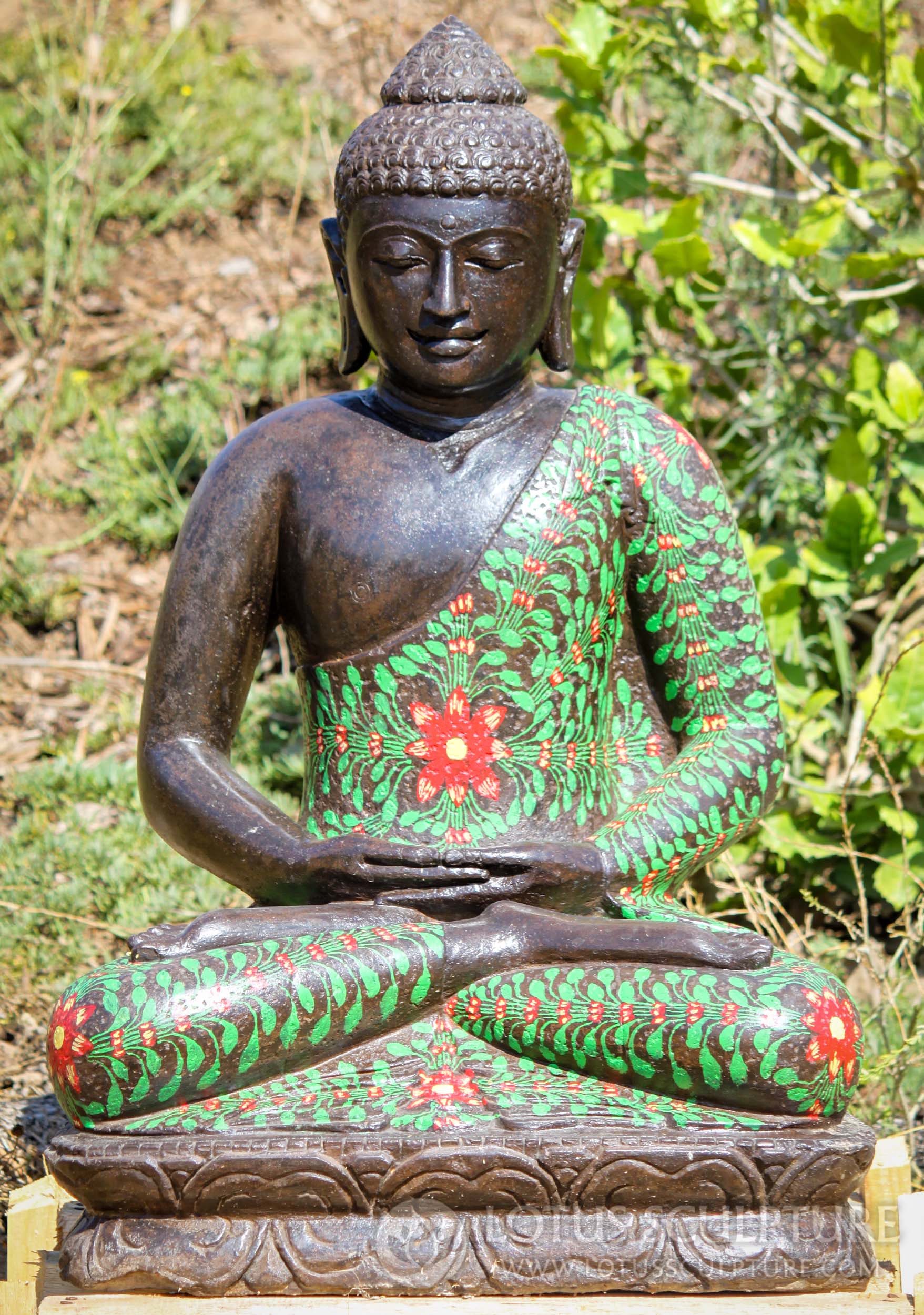 Lava Stone Earth Touching Buddha in Floral Robes Hand Carved Painted Sculpture 33"