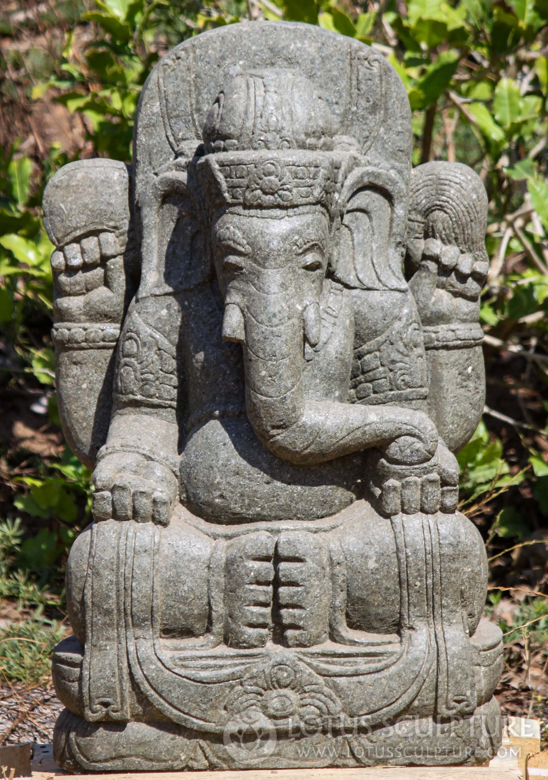 Stone Seated Mahakala Garden Ganesh With Trunk in Hand Sculpture 32"