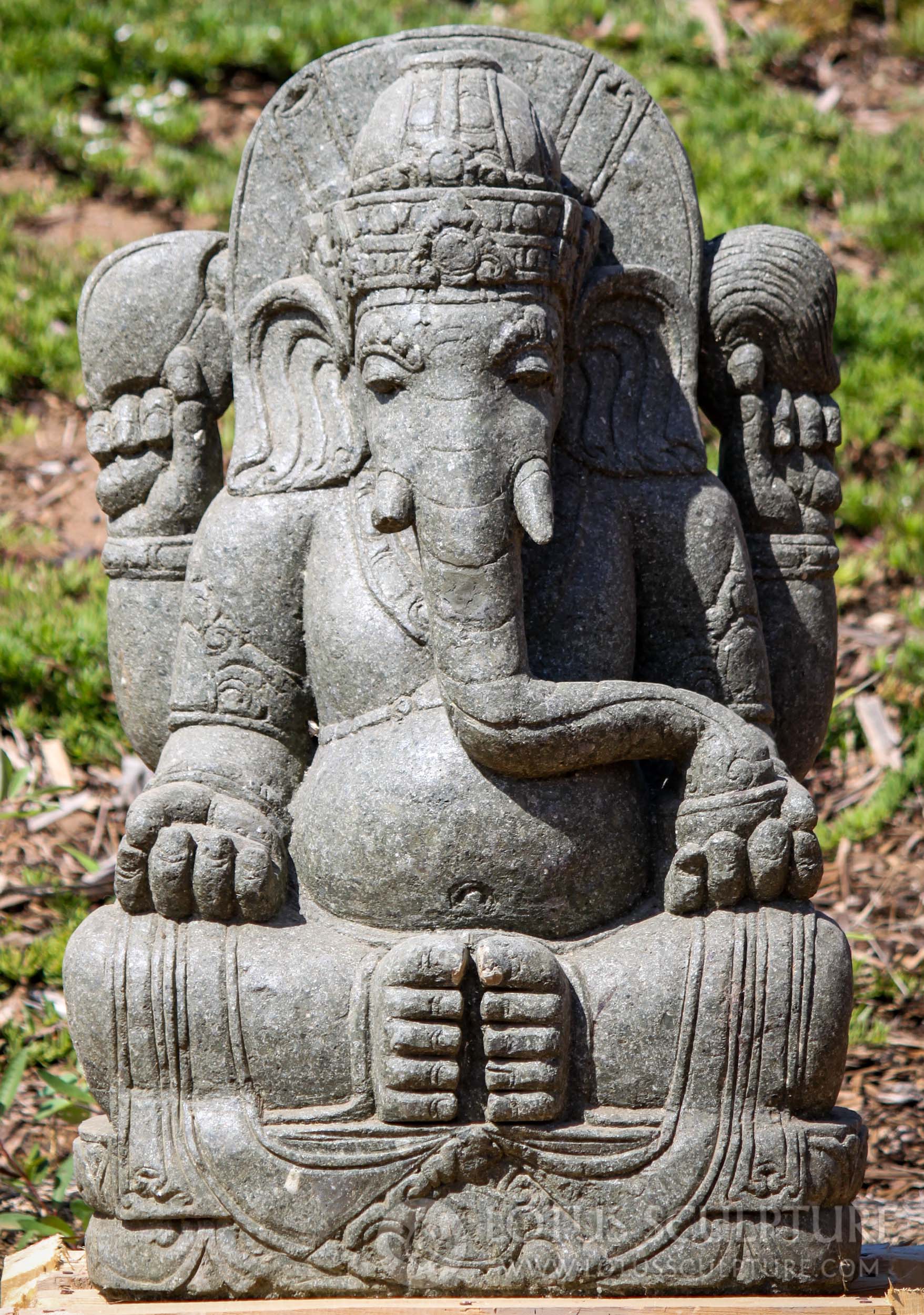 Hand Carved Stone Seated Ganesh With Mahakala on Back Garden Statue 31"