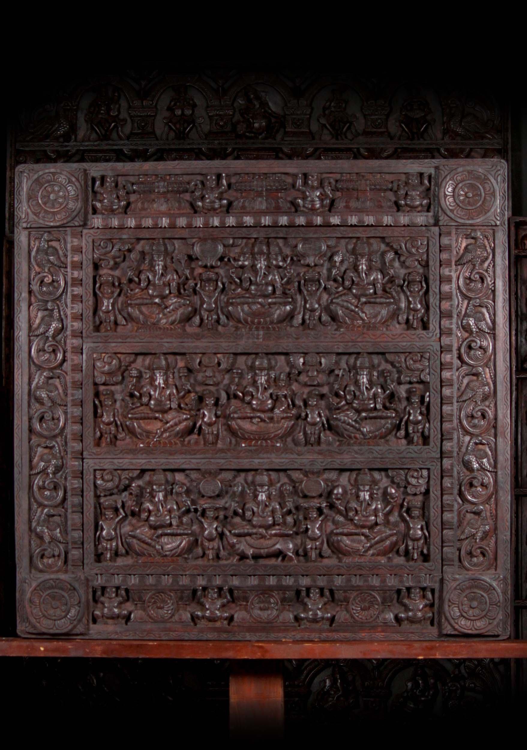 Large Square Neem Wooden Wall Panel Depicting 9 Forms os Hindu God Ganeshas 49"x49"