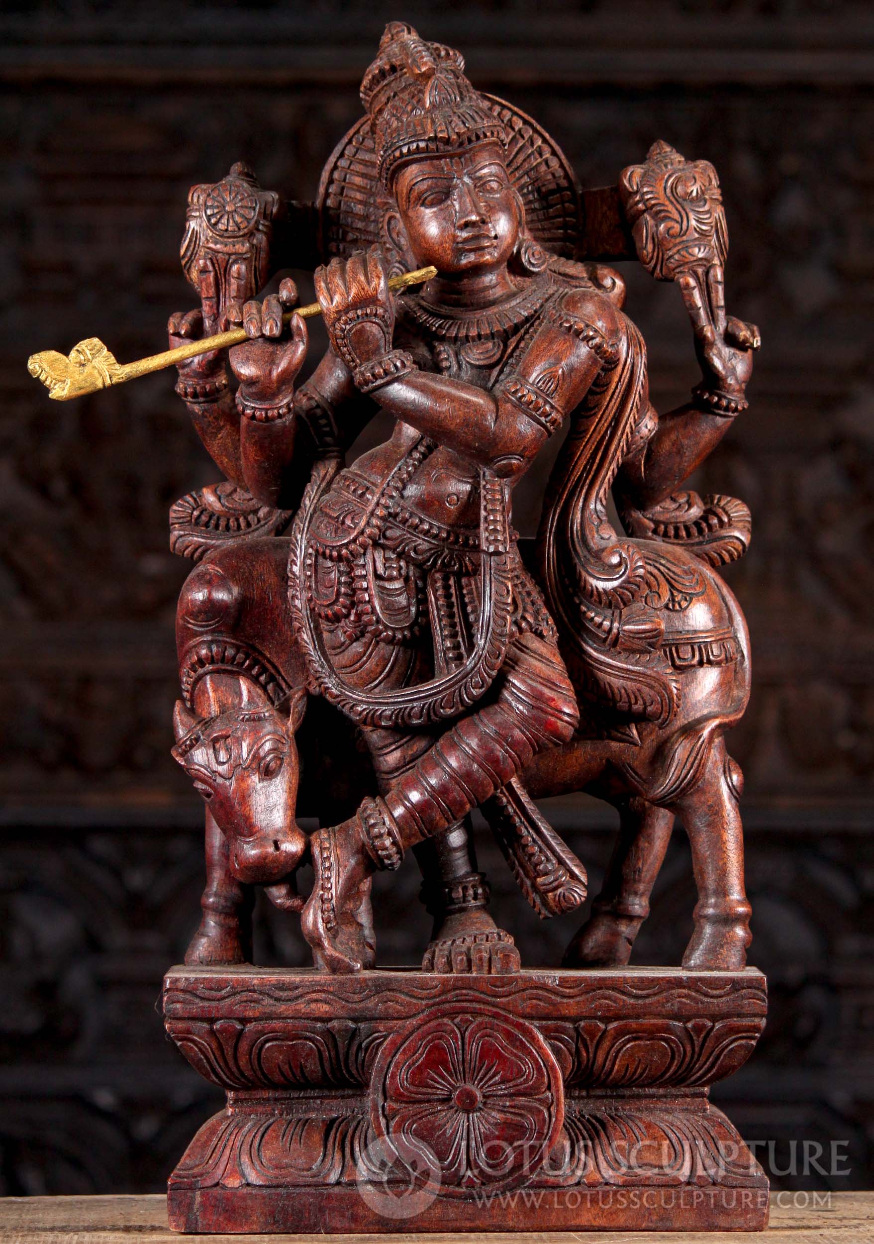 Wood Sculpted Standing Hindu God Gopal Krishna with a Cow Playing the Flute 24"