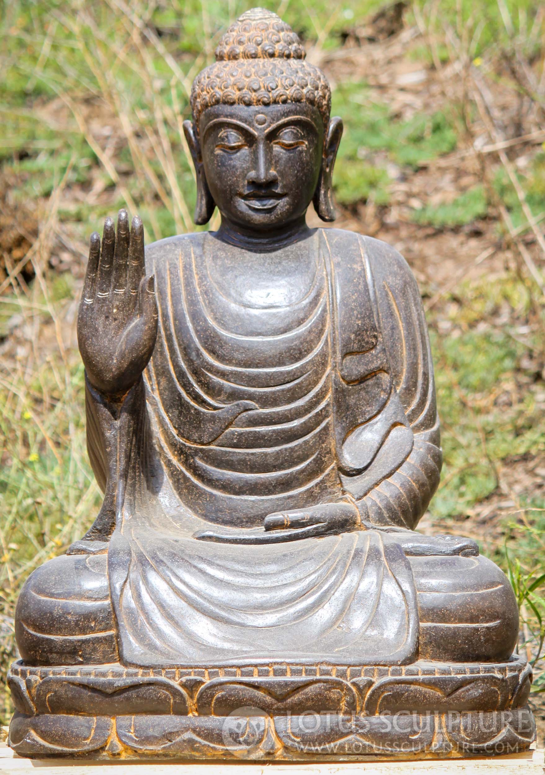 Lava Stone Abhaya Mudra of Protection Seated Garden Buddha Sculpture 32"