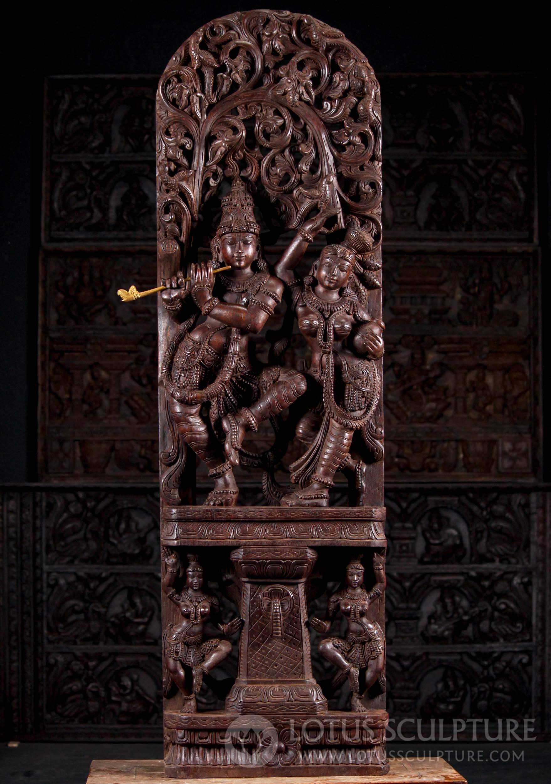 Dark Neem Wooden Hindu God Krishna Playing the Flute Under Canopy with Radha Statue 60"