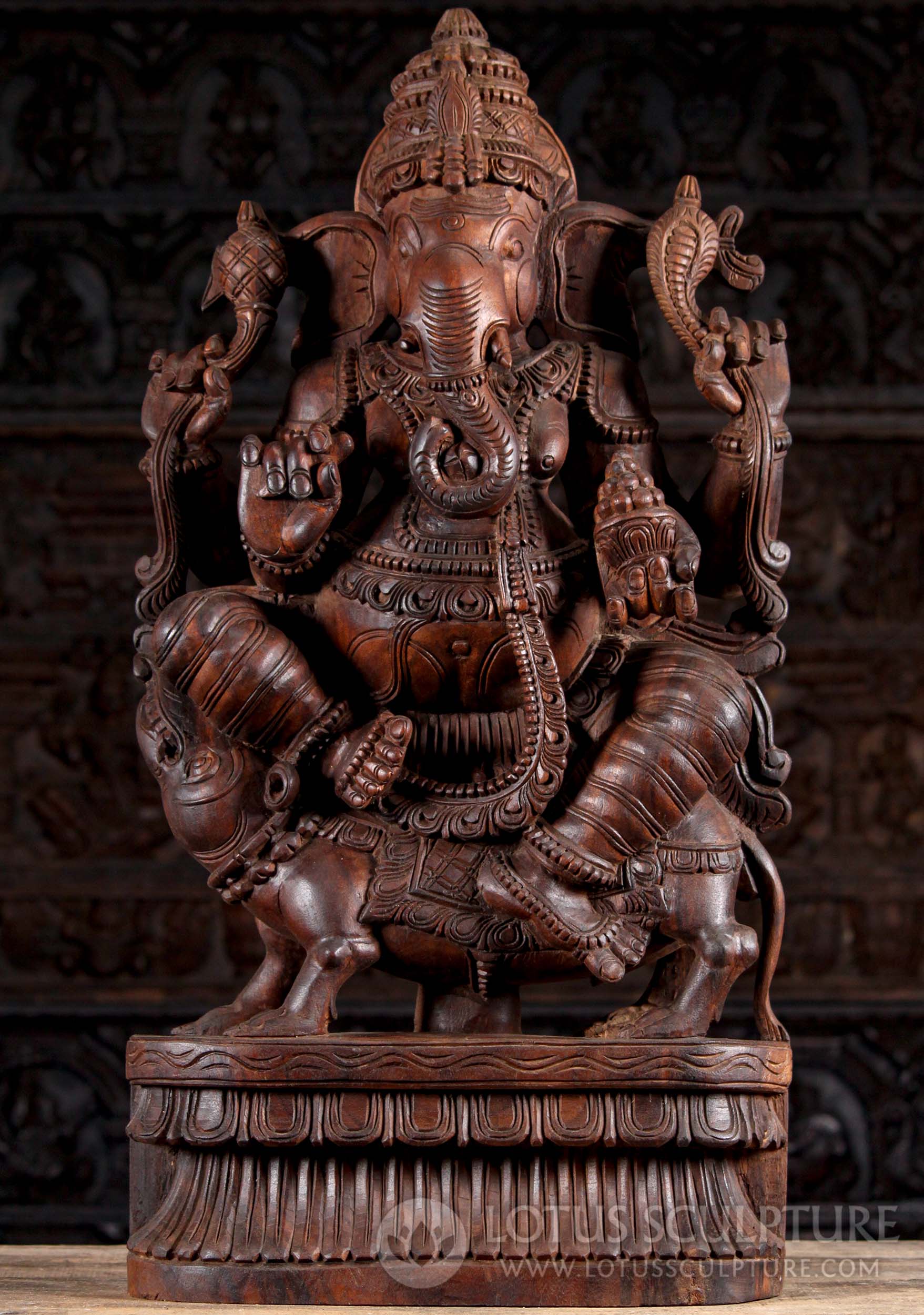 Wooden Hand Carved Hindu God Ganesh Remover of Obstacles Perfect for Home Altar 36"