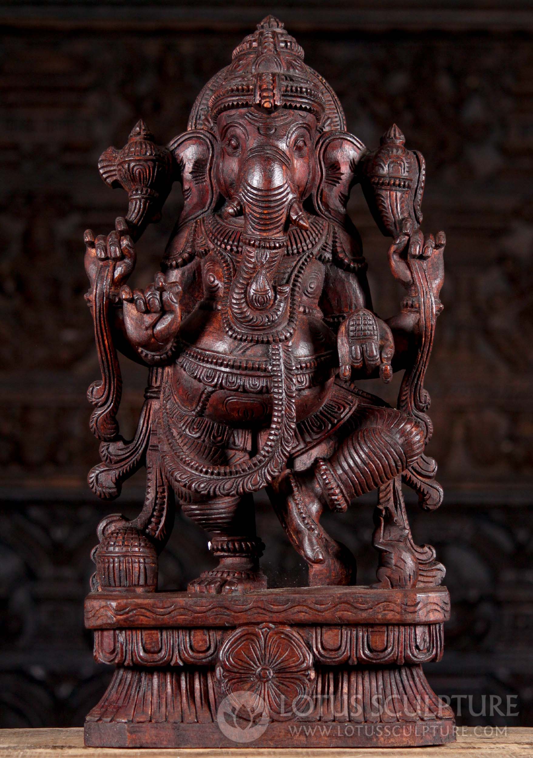 Sold Wooden Dancing Hindu God Ganesha Statue Holding Mango Noose And Ax