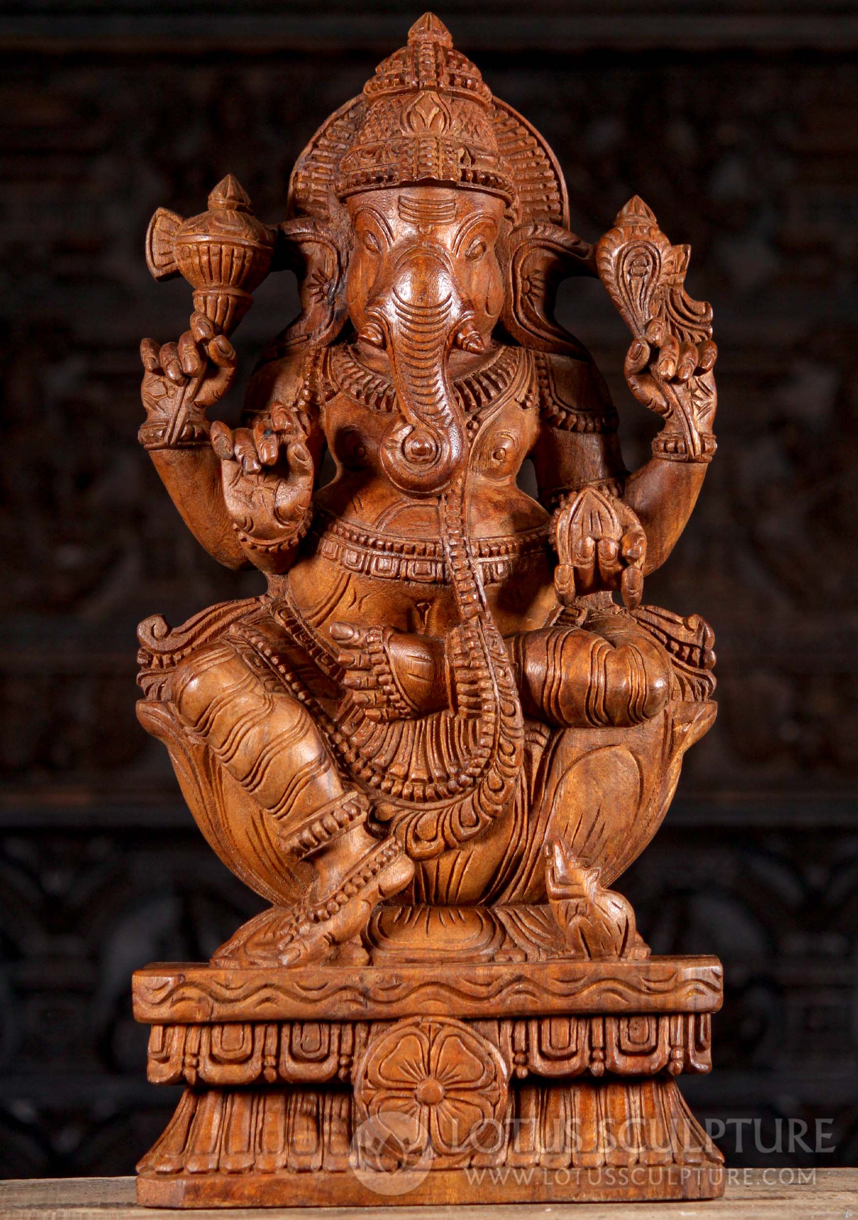 Seated Hand Carved Neem Wood Ganesha Sculpture with Rat Holding Broken Tusk 24"