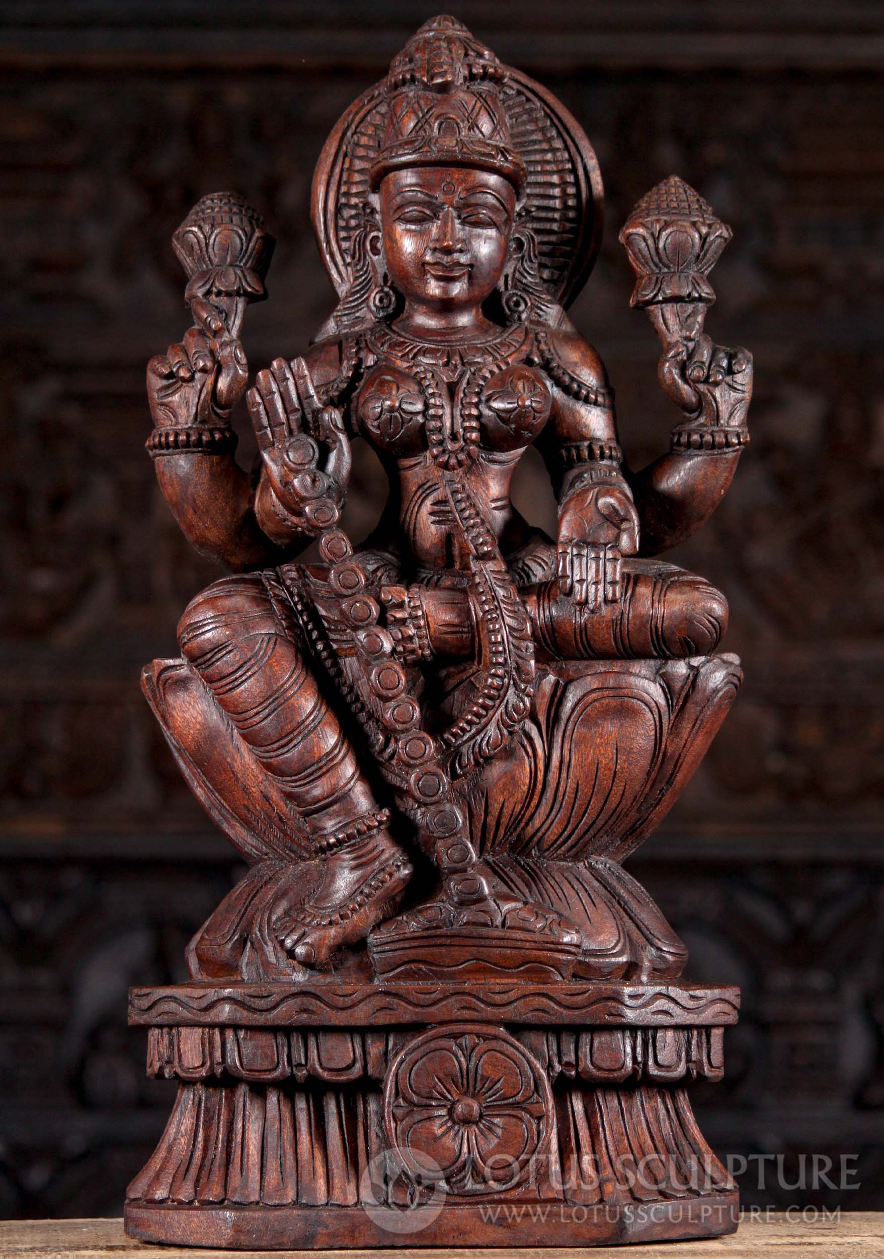 Seated Lakshmi Wooden Sculpture Holding Two Lotus Flowers Granting Boons with Coins 24"