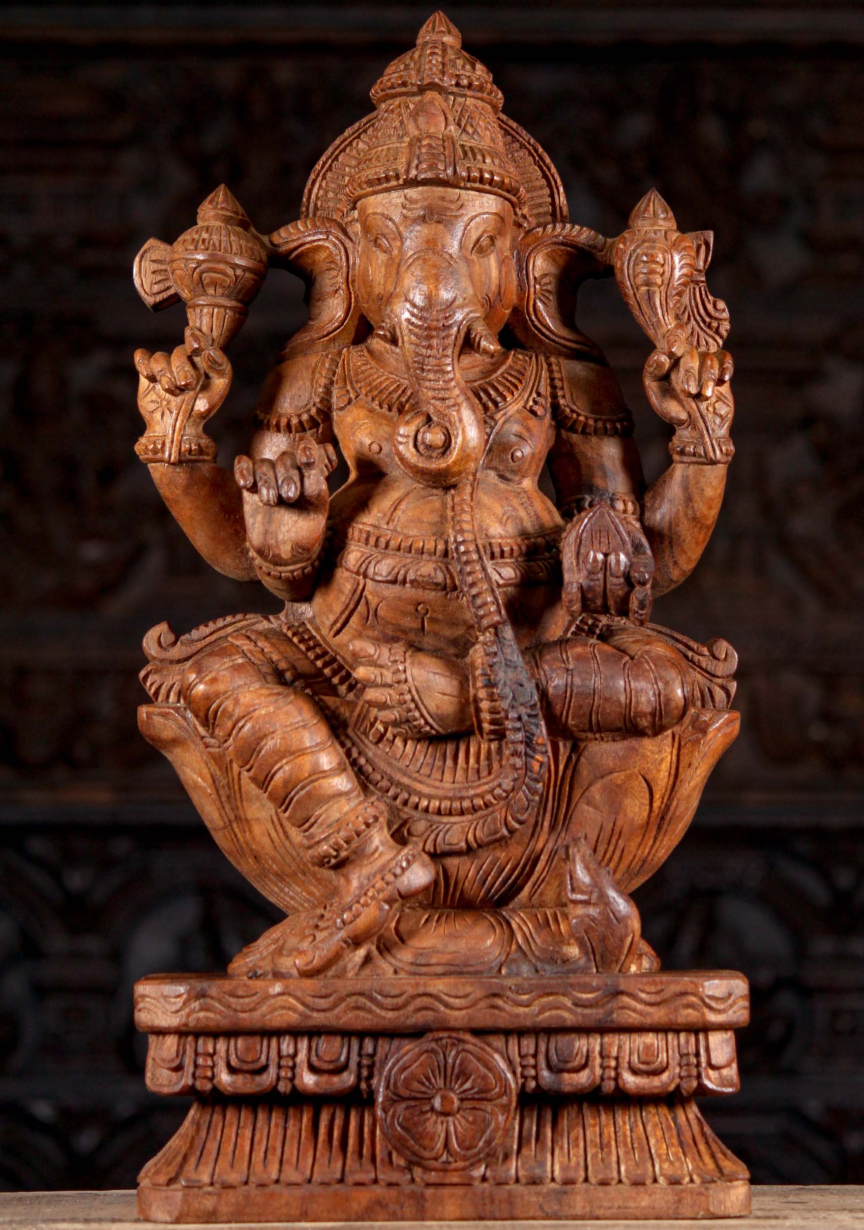 Light Wood Seated Hand Carved Ganesha Sculpture with Rat Holding Broken Tusk 24"