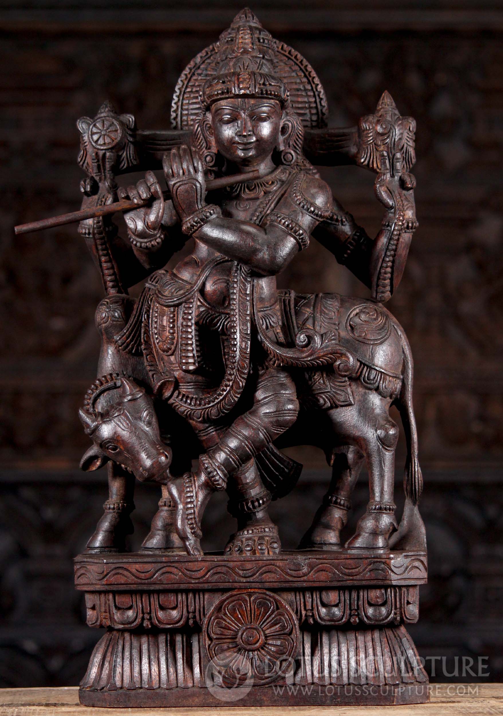 Wooden Hindu God Gopal Krishna Standing with a Cow Playing the Flute 24"