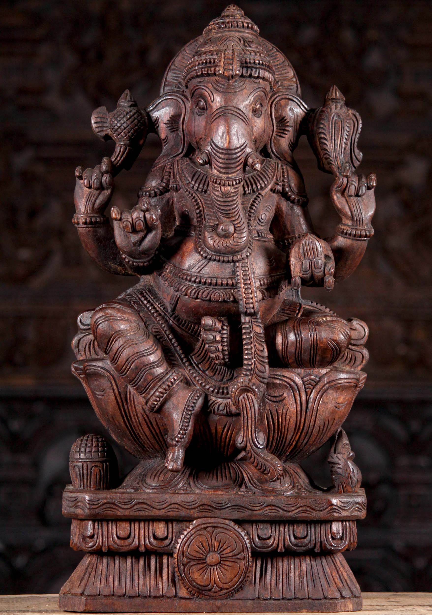 Wood Seated Hand Carved Ganesha Sculpture with Rat Holding Broken Tusk 24"