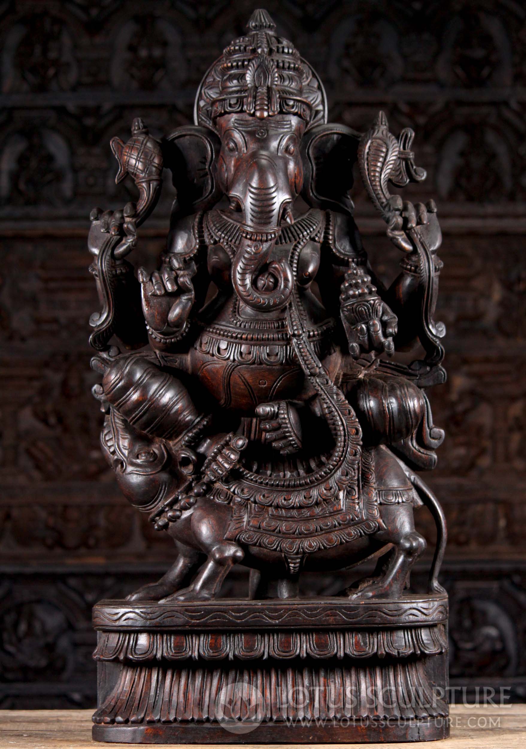 Wood Seated Hand Carved Hindu God Remover of Obstacles Ganesh Perfect for Home Altar 36"