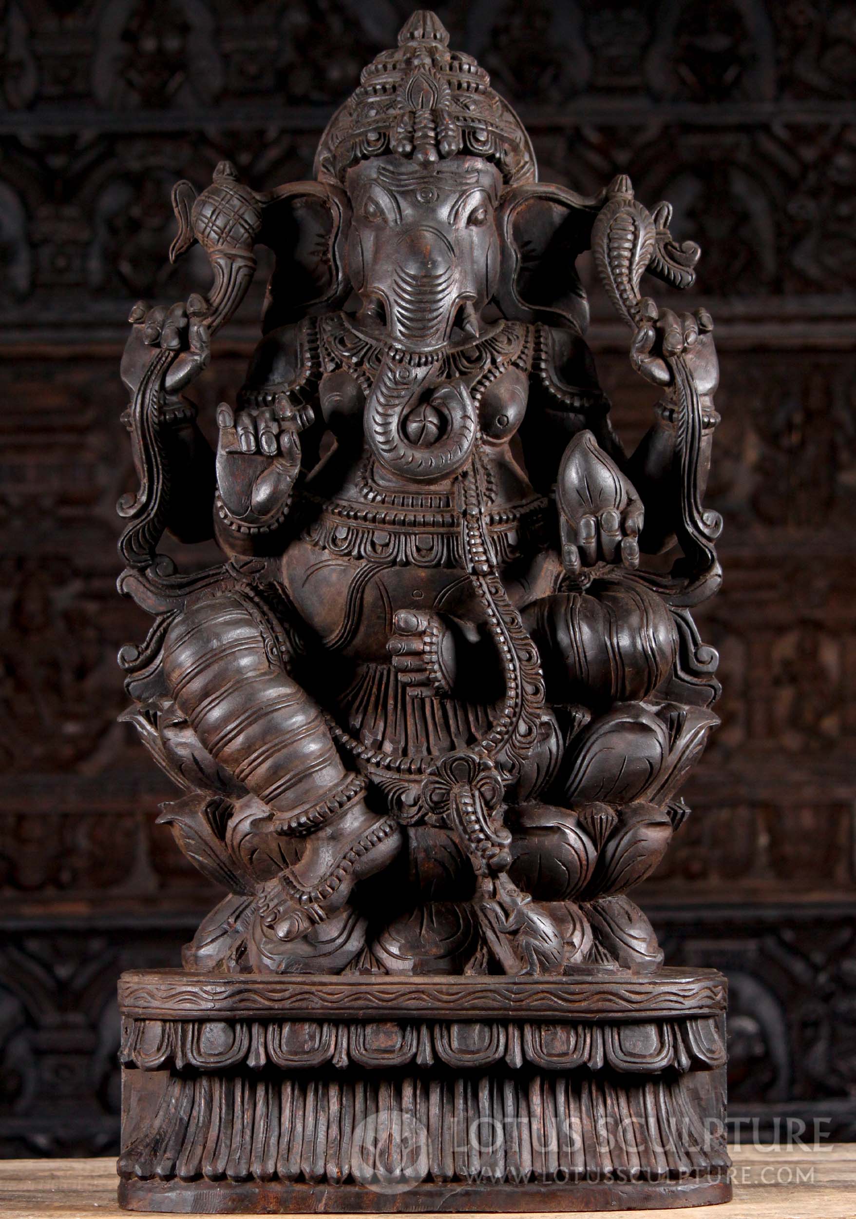 Dark Wooden Hindu God Ganesha Seated on Triple Lotus Base with Rat Sculpture 36"