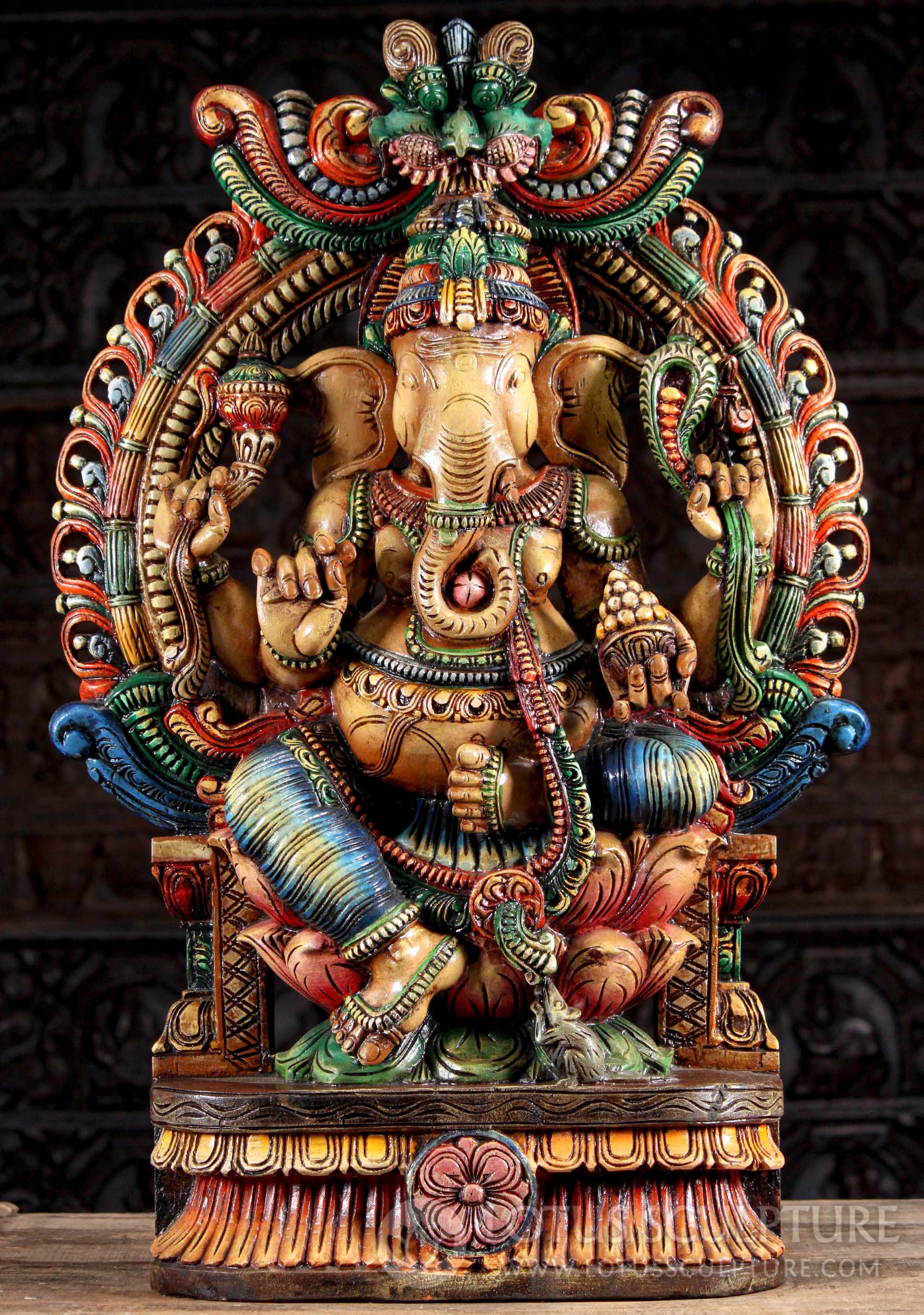 SOLD Large Wood Painted Ganesha Seated on Triple Lotus Base Under Arch ...