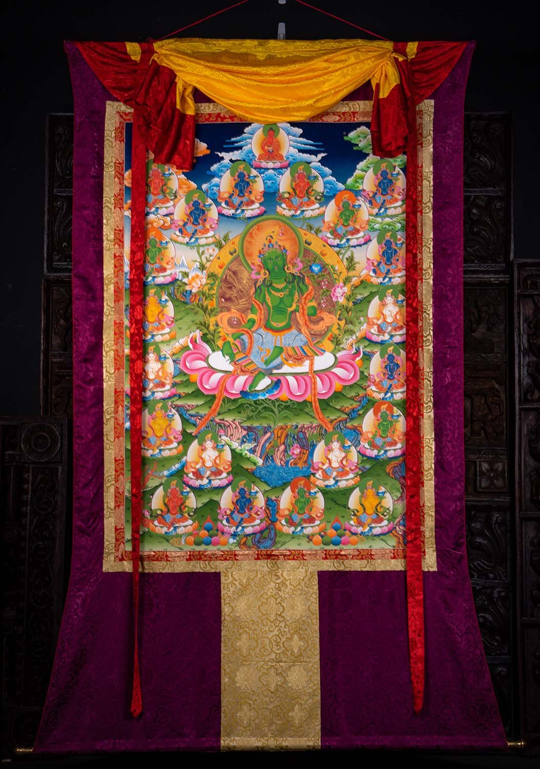 Wall Sized Buddhist Thangka Painting 21 Taras Featuring Large Green Tara Silk Brocade 98"x54"