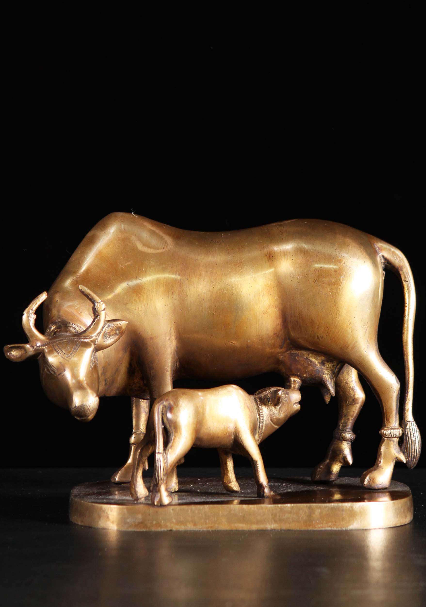 Brass Hindu Sculpture of the Gift Giving Cow, Kamadenu Nursing a Small Calf 7"