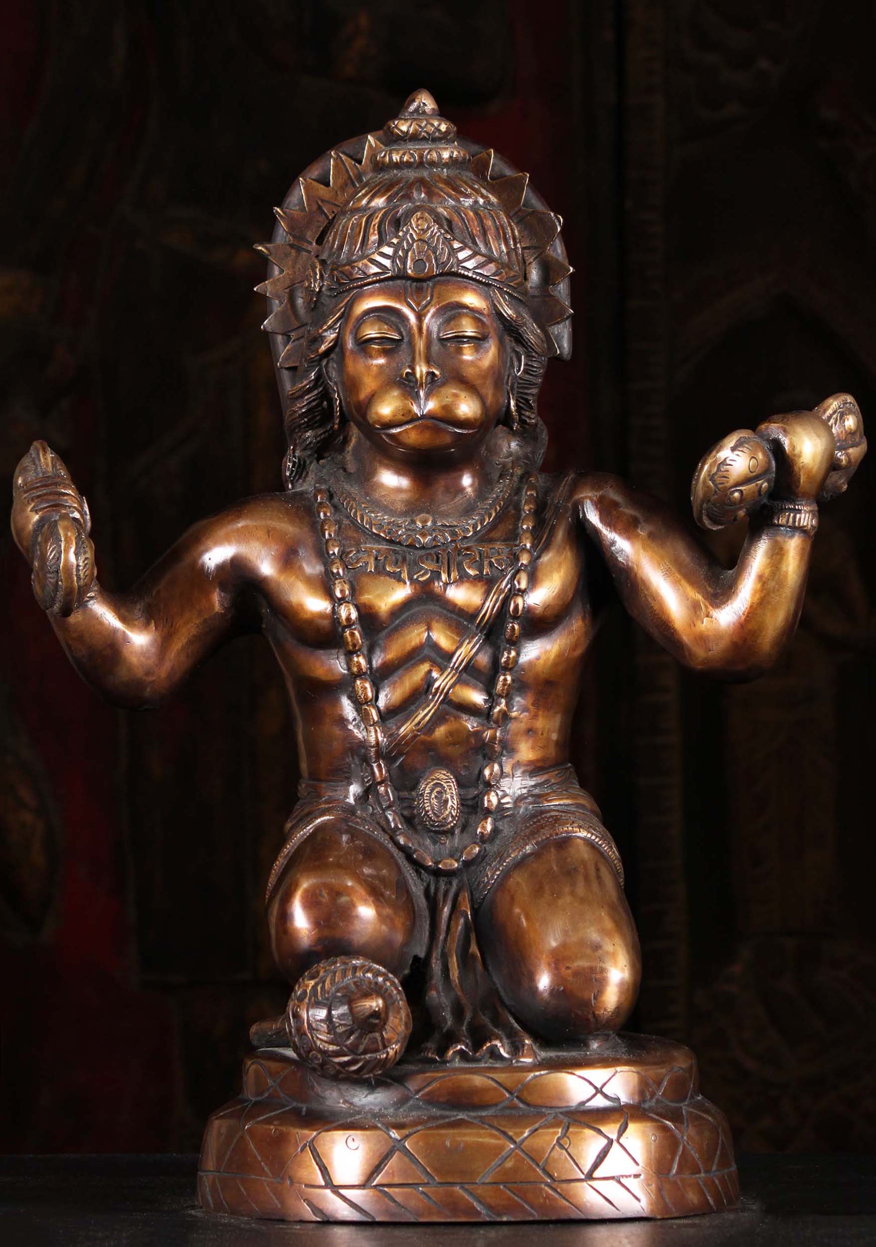 Brass Kneeling Hindu Monkey God Hanuman Playing Kartel Instrument Statue 19"