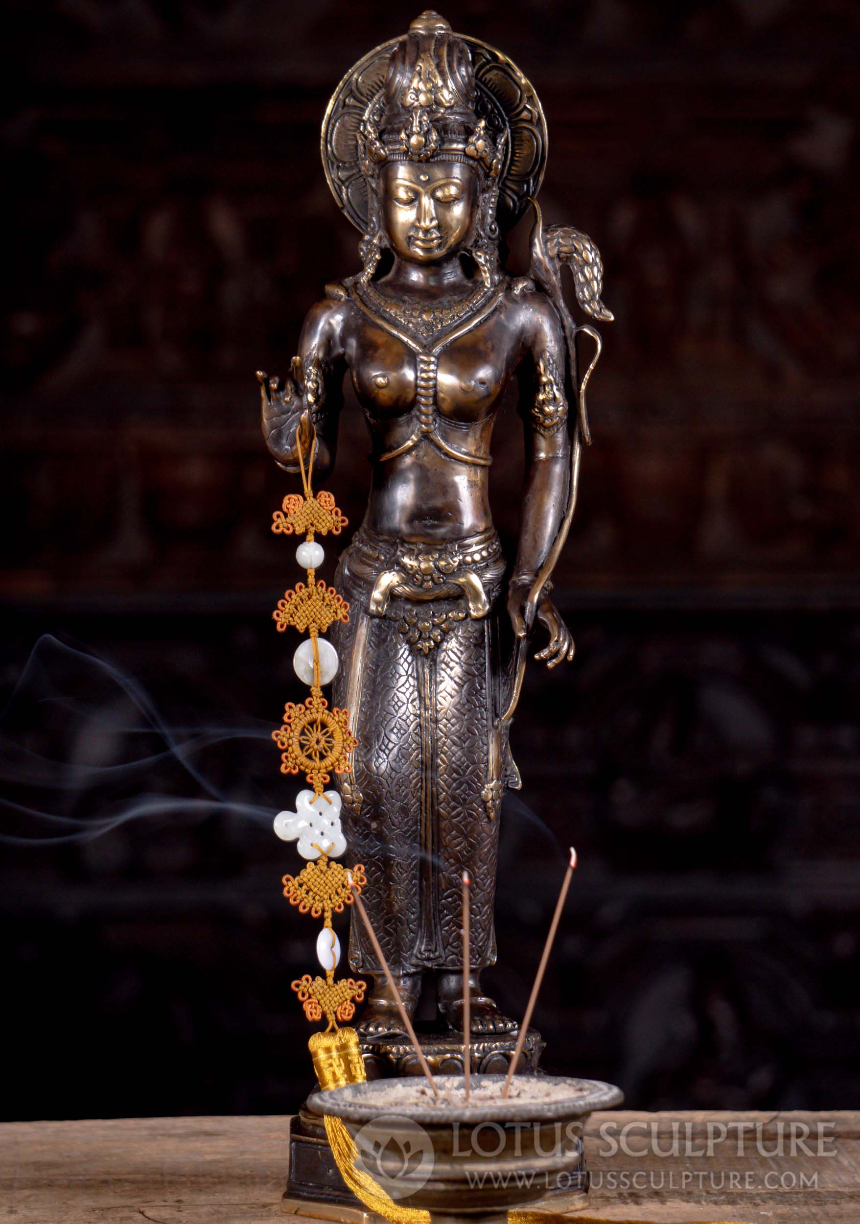 Indonesian Brass Standing Tara Statue on Lotus Base Holding Utpala ...