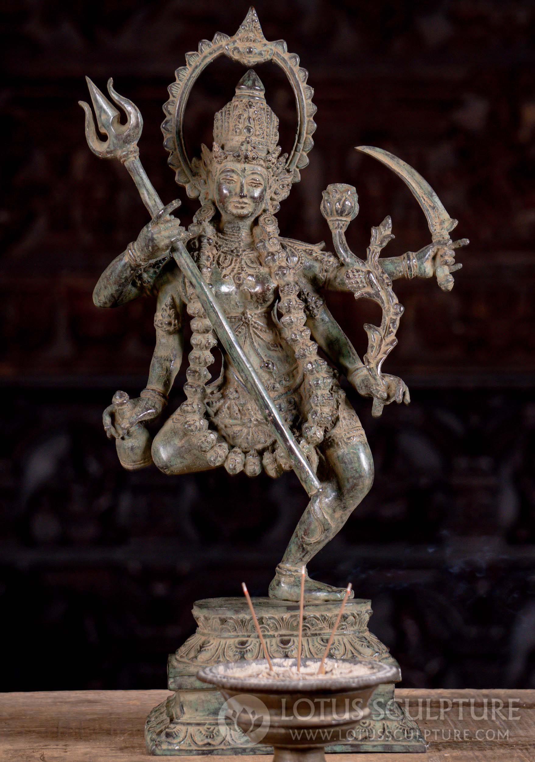 Hindu Goddess Kali with Four Armed Standing on Lotus Base Sculpture Holding Trident 16"