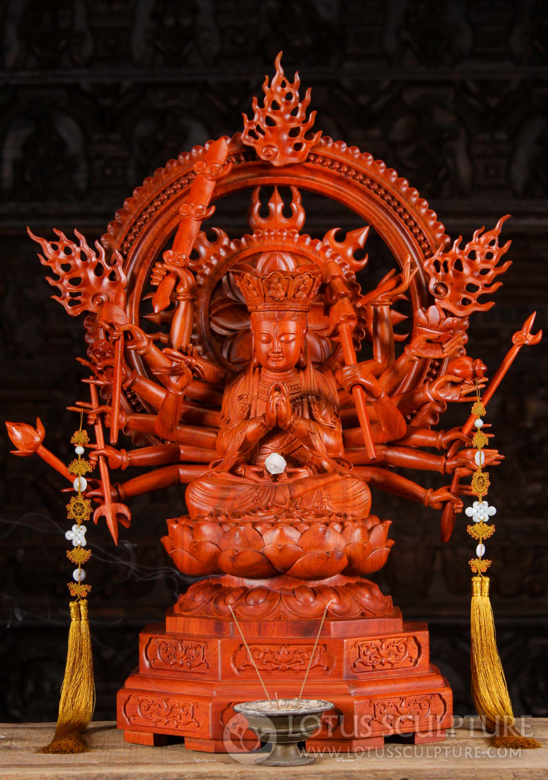 Wood Avalokiteshvara Statue Seated on Tall Lotus Base with 18 Arms & Large Arch 30.5"