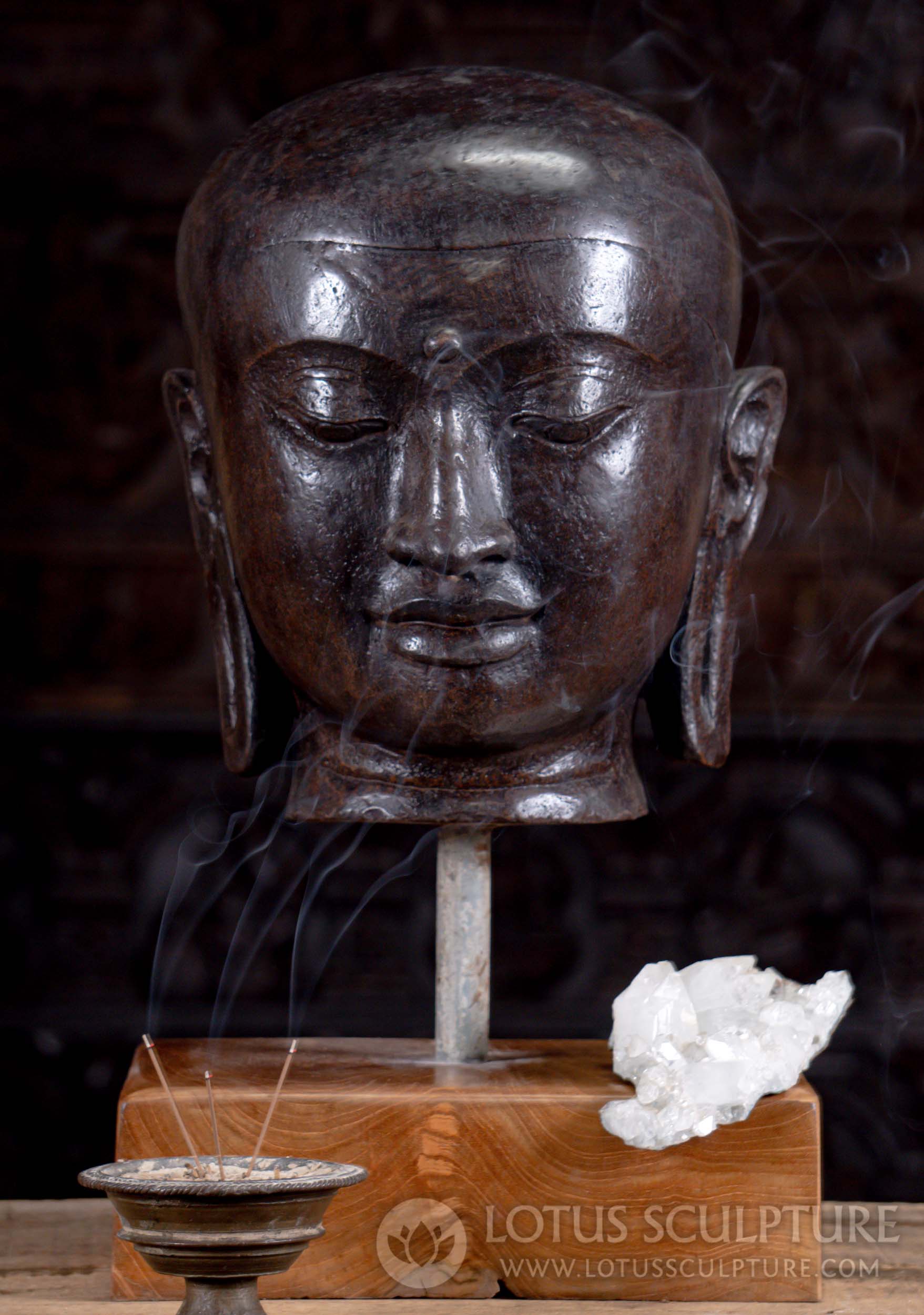 Indonesian Hand Carved Stone Buddha Head Statue on Natural Wooden Stand 20"