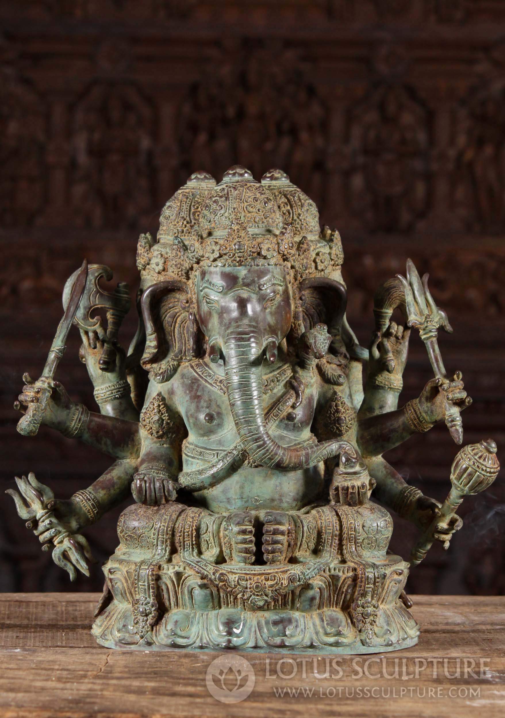 Brass Seated Trimukha Ganapati, 3 Headed Ganesha with 8 Arms Holding Weapons 16.5"