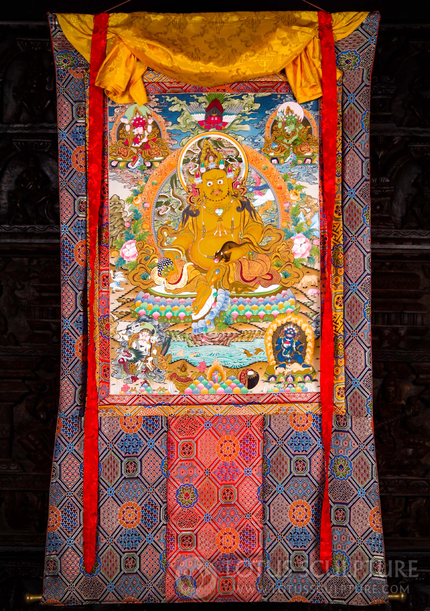 Large Nepalese Hand Painted Deity Jambhala or Kubera Thangka Silk Brocade 60"x35"