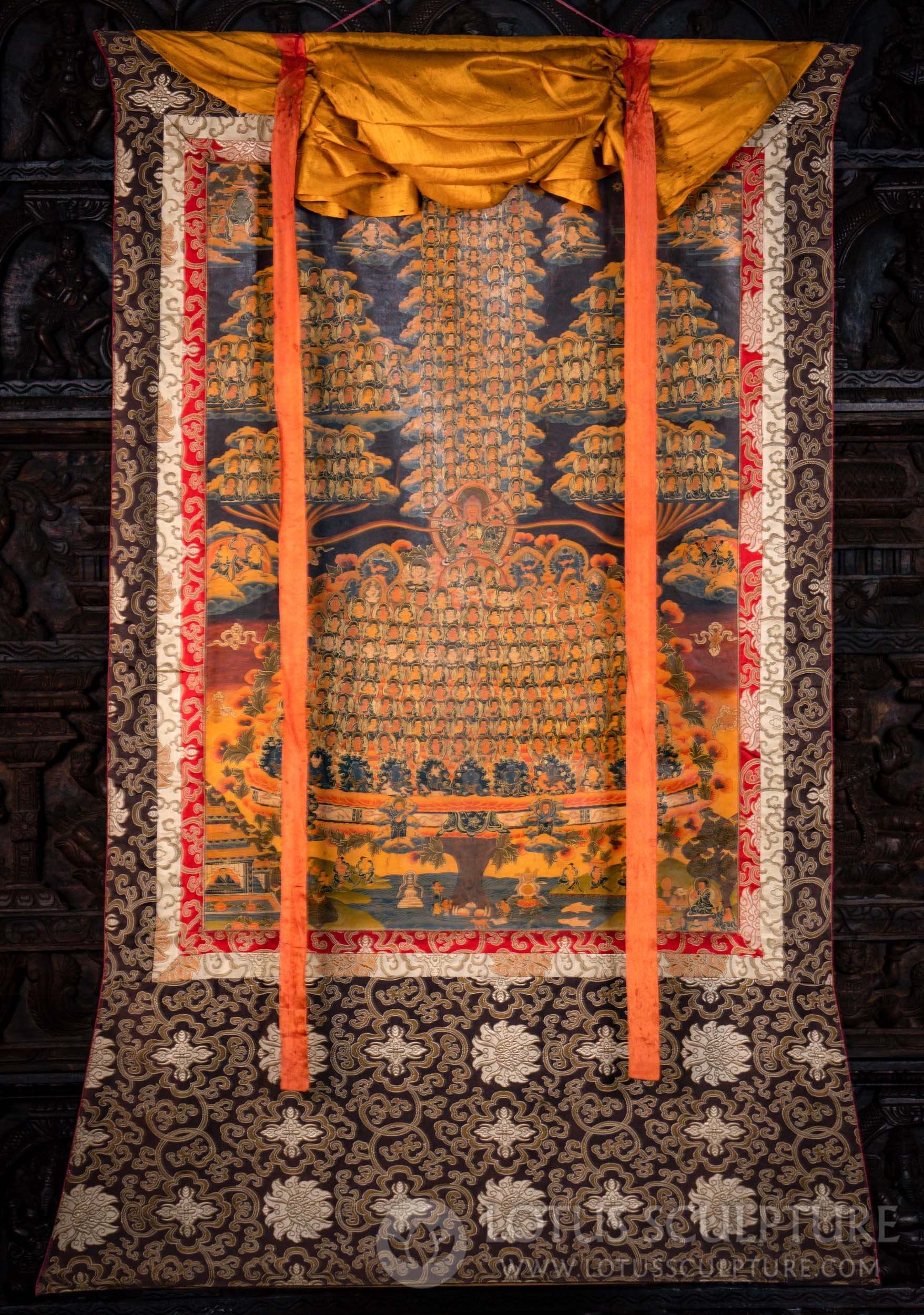 Large Nepalese Hand Painted Tibetan Root Mentor Tsongkhapa Thangka Silk Brocade 57"x38"