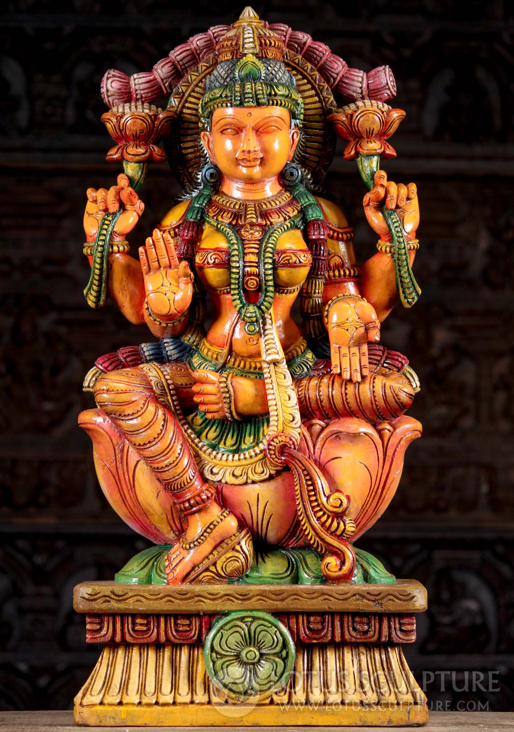 Hand Painted Wooden Abhaya Mudra Seated Lakshmi Statue Wearing Garland & Bindi 30"