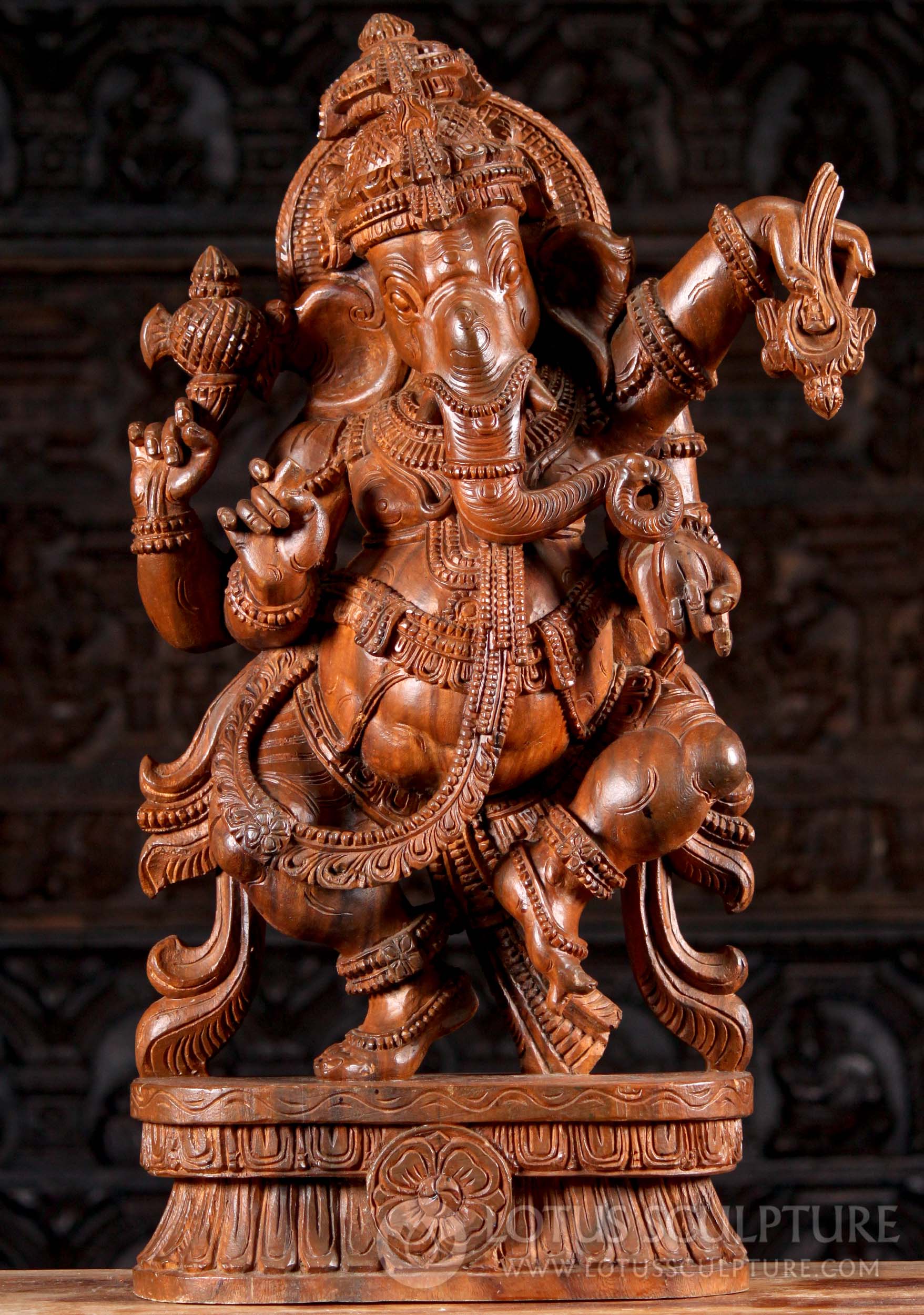 Sold Wooden Ganesh Statue Dancing Holding Goad Noose Mango And His Broken Tusk 30 99w6v 6368