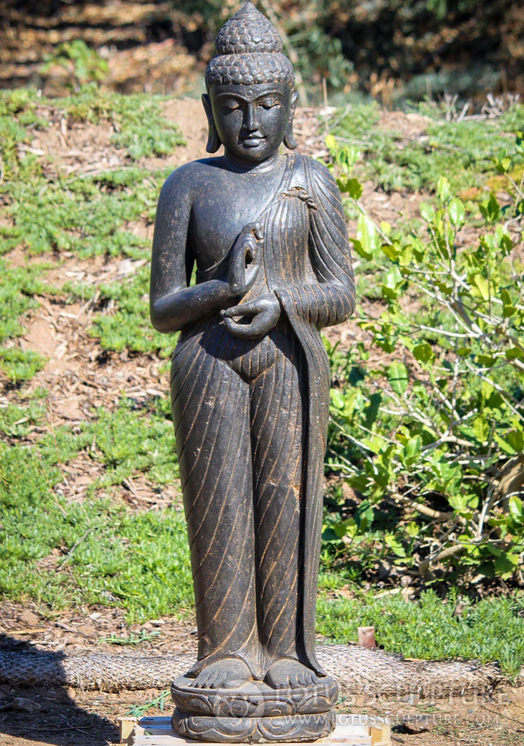 Standing Lava Stone Buddha Sculpture in Dharmachakra Mudra "Wheel of Dharma" 60"