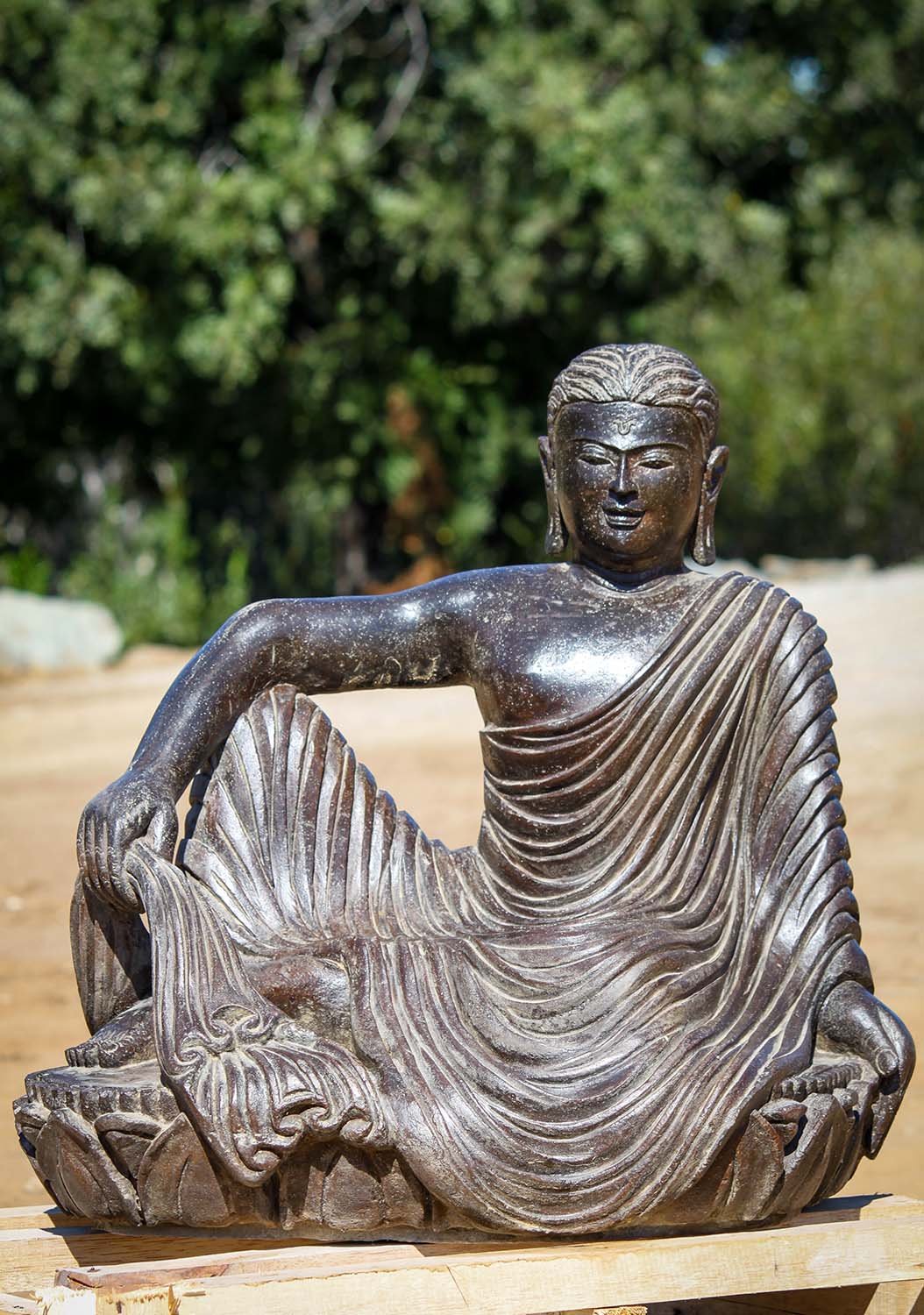 Lava Stone Gandharan Style Reclining Buddha Garden Sculpture on Lotus Base 25"