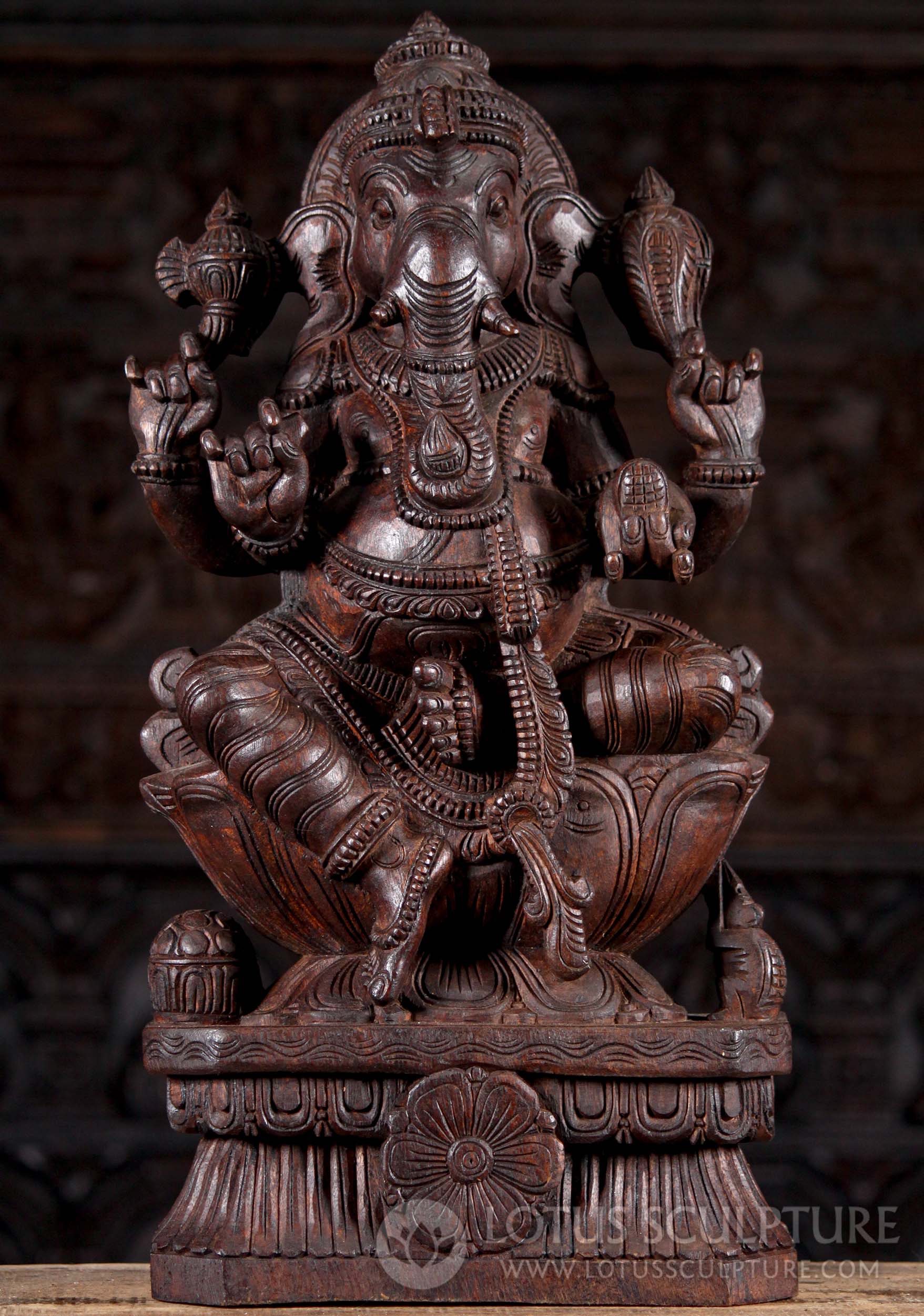 Dark Wood Seated Hand Carved Ganesha Sculpture with Rat Holding Broken Tusk 24"