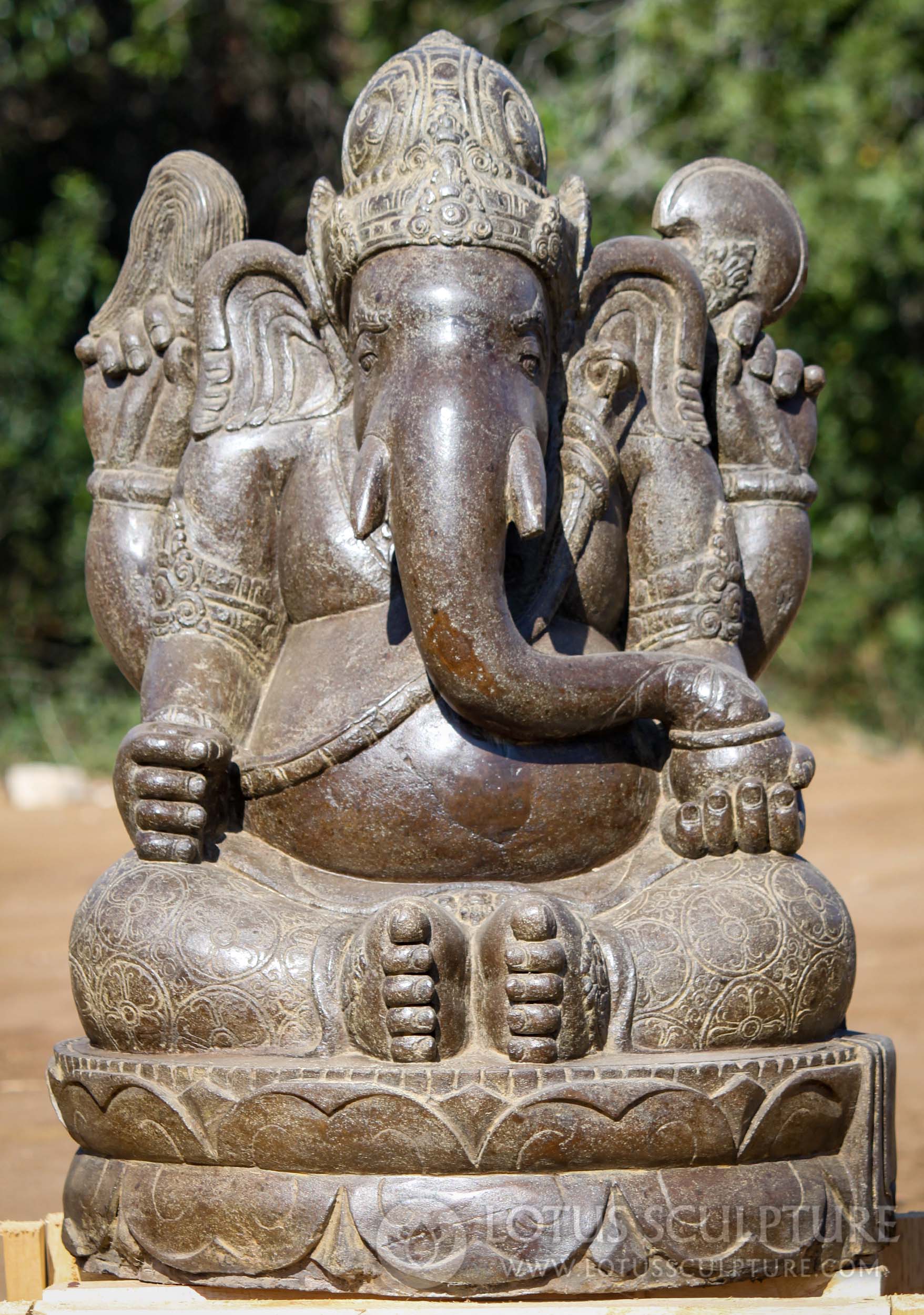SOLD Hand Carved Lava Stone Ganesh Sculpture with Fly Whisk, Axe, and ...