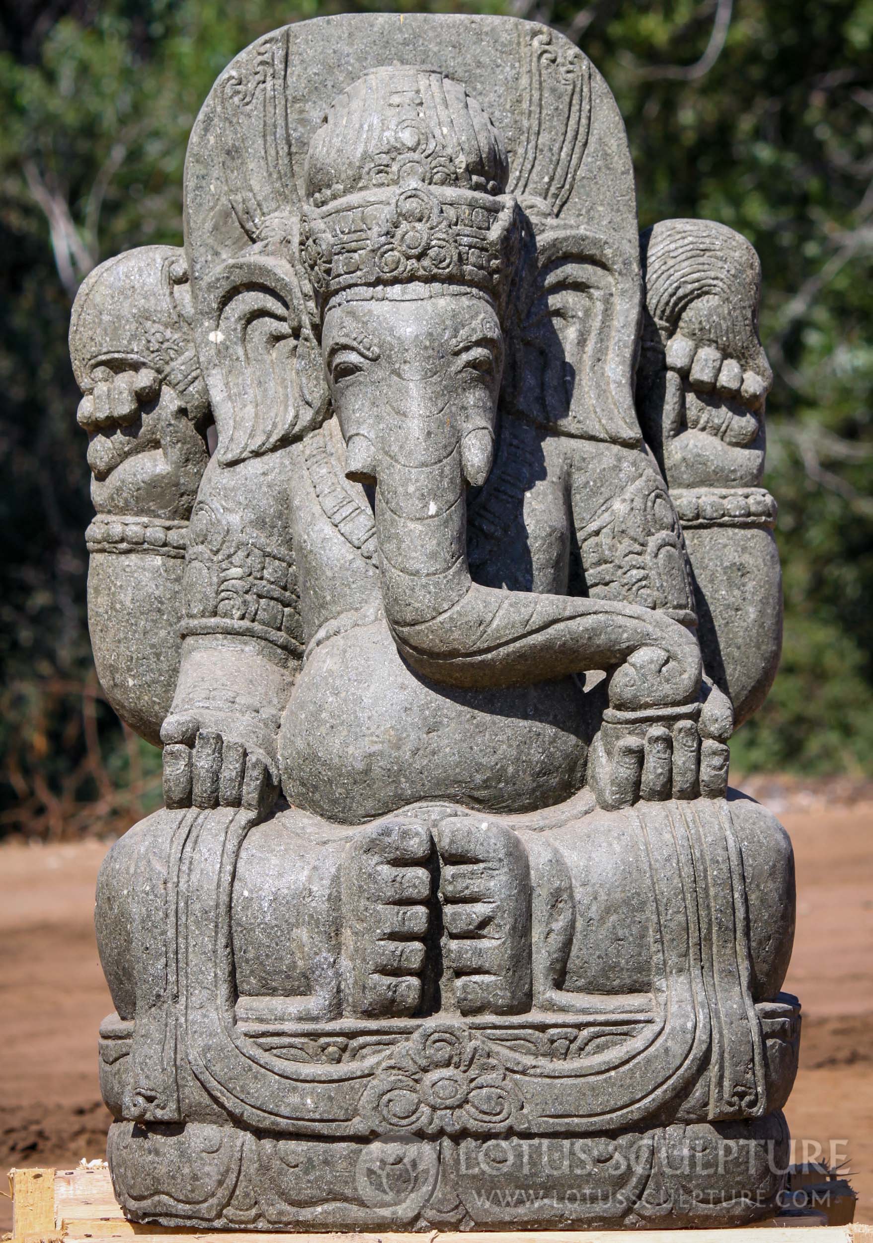 Natural Hand Carved Stone Seated Ganesh With Mahakala on Back Garden Statue 40"