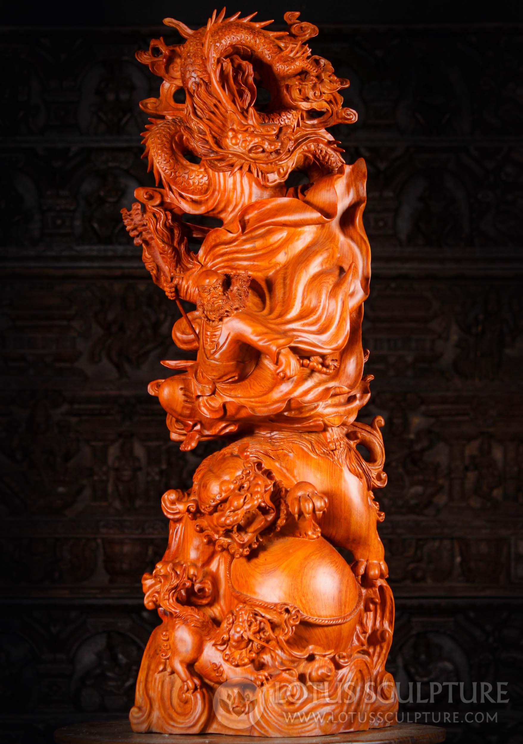 Large Highly Detailed Wooden Bodhidharma Sculpture with Foo Dog & Dragon 45"