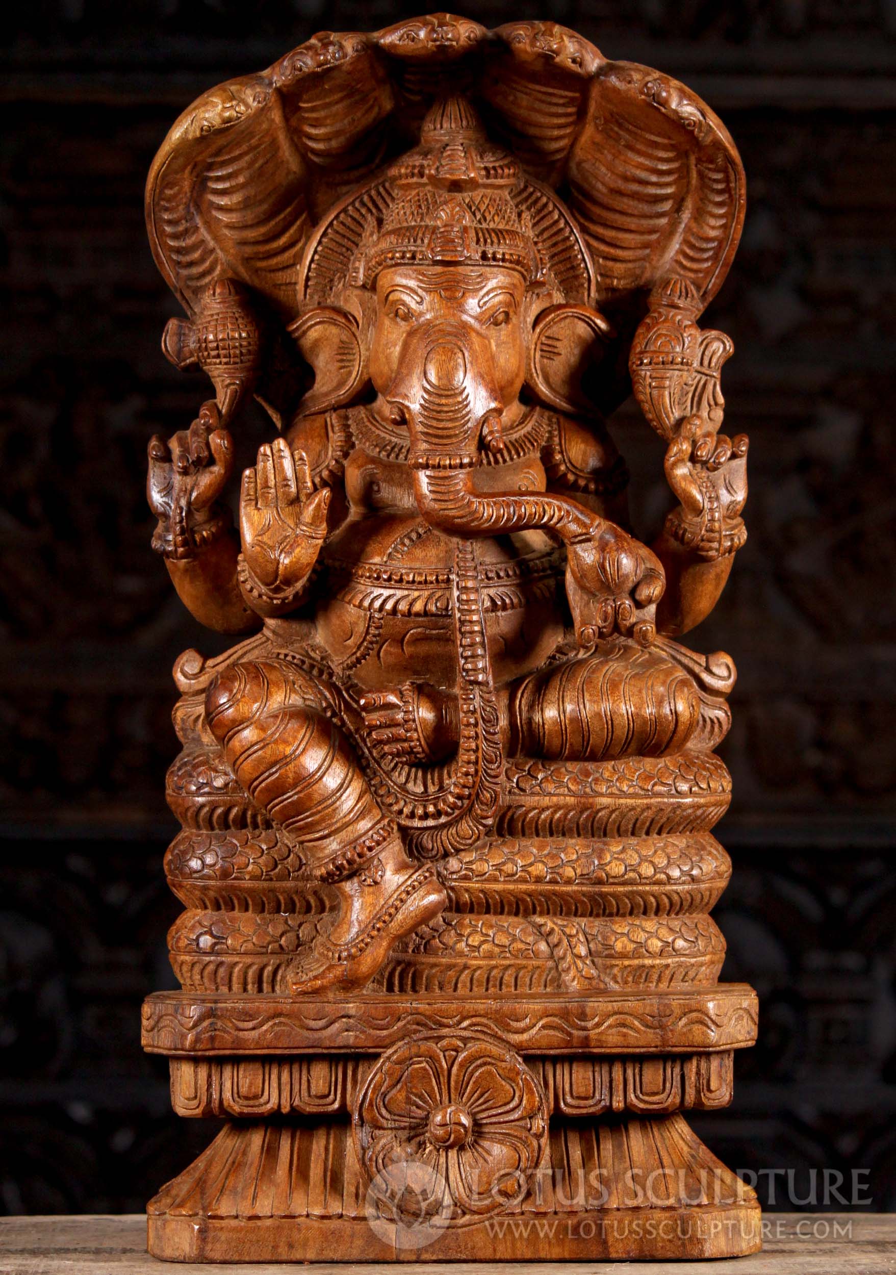 Neem Wood Seated Hand Carved Ganesha Seated on 5 Headed Serpent Shesha 24"