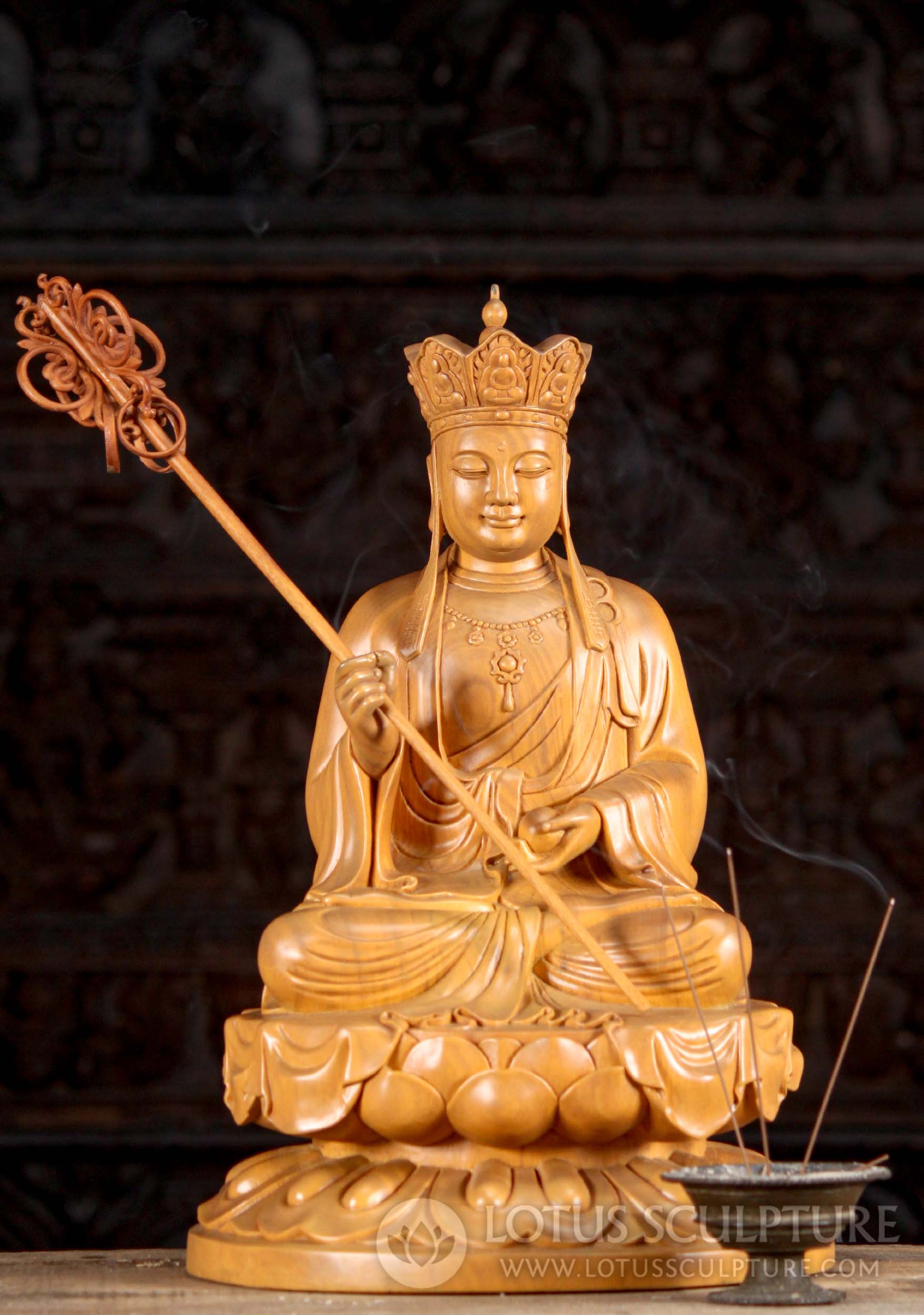 Wood Statue Of Ksitigarbha Bodhisattva Buddha Statue With Large Staff and Pearl 20"